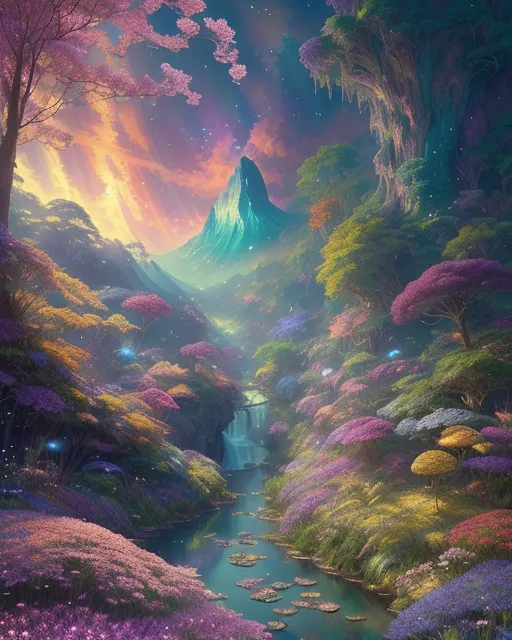 Clipart image depicting a spectacular and colorful dreamscape. A dream world with vibrant green mountains rising above a crystal blue lake, surrounded by trees with shiny leaves that shimmer in various colors, like jewels. Add a starry sky with dancing northern lights that illuminate the landscape. Include fantastic creatures, unicorns and exotic birds, bringing life and magic. The combination of surreal elements and dazzling nature captures the attention and evokes a sense of wonder and peace.