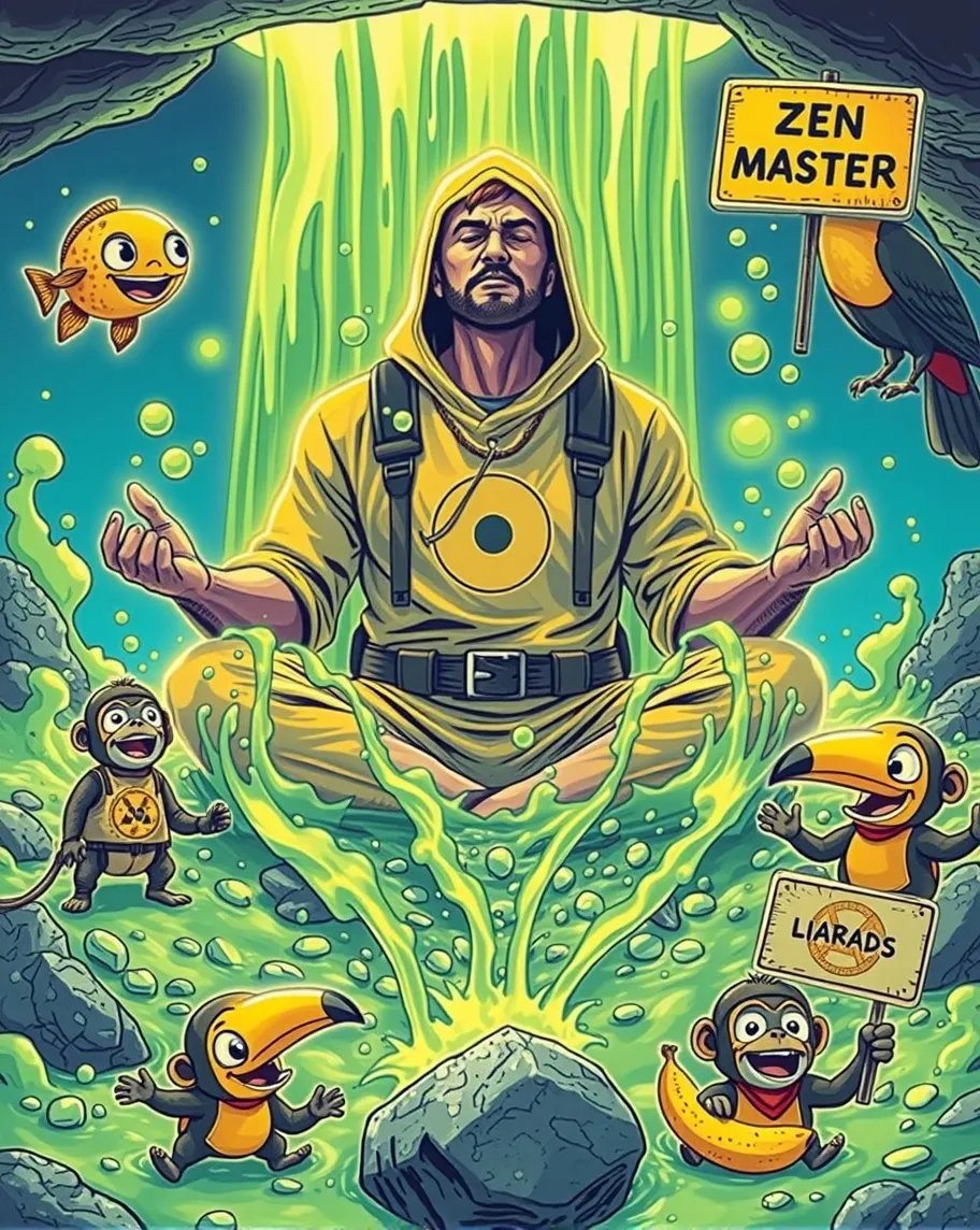 A laid-back hero is meditating under a neon-glowing waterfall made of toxic waste. The waste cascades over his body, creating funny, green bubbles and steam. Cartoon fish in hazmat suits swim around, while mischievous monkeys toss radioactive bananas. Nearby, a funky toucan holds a "Zen Master" sign with a hazardous twist