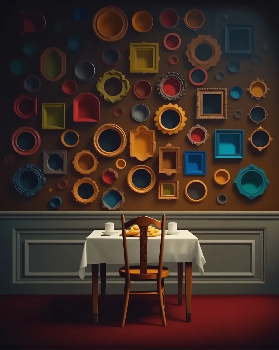 A small table with a single chair set up for an intimate breakfast in front of an interior wall with dozens of various-sized perfectly- round holes will colorful frames. 