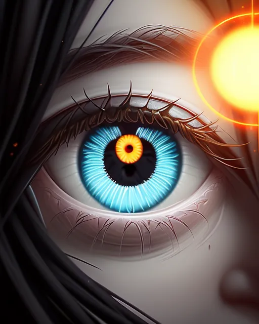 Human eyeball with rectus floating in air. The eye has a yellow cornia. And the eye lids have Long bold eyelashes 