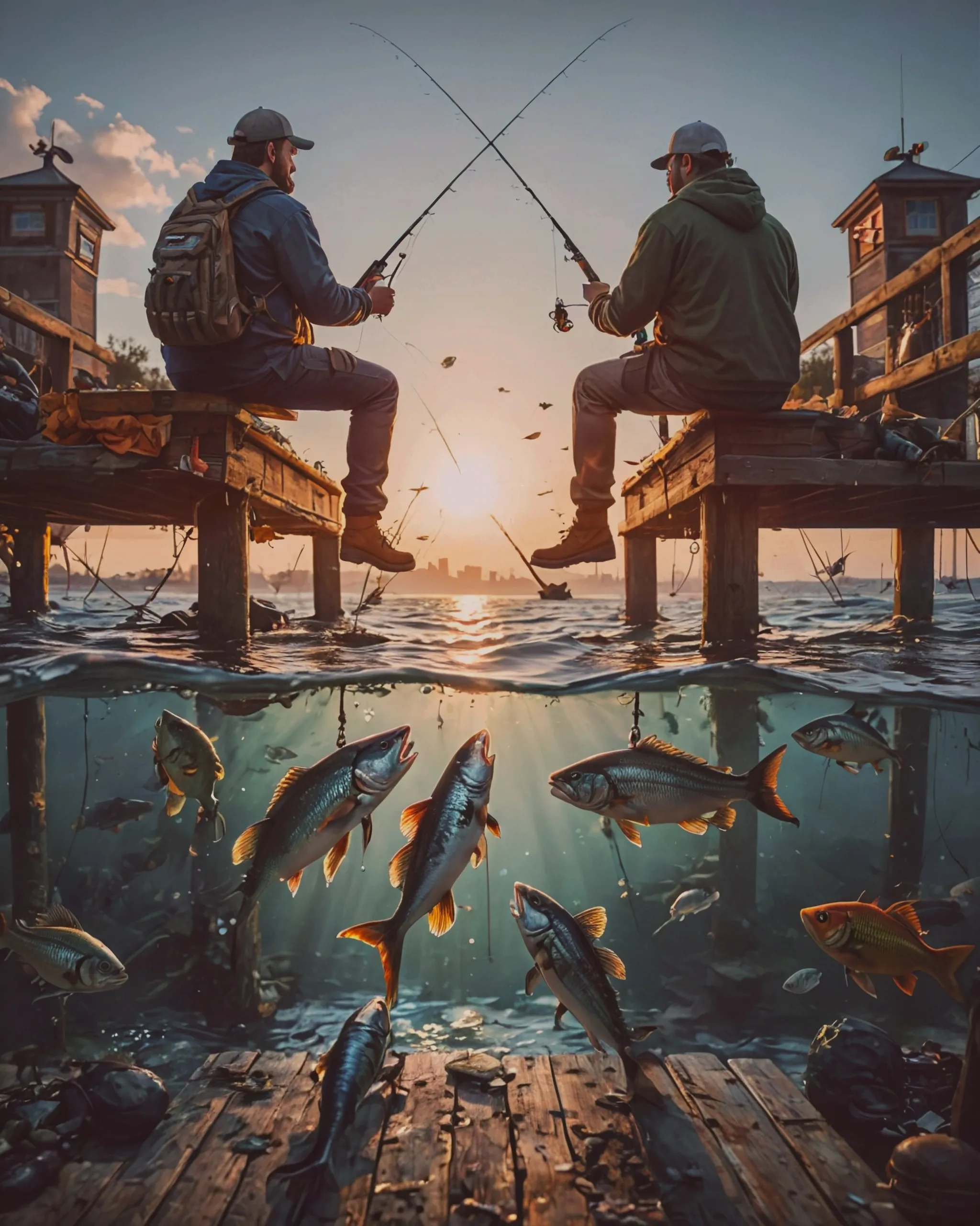 fishing rivals, sitting on a pier. show the water and all the fish underneath