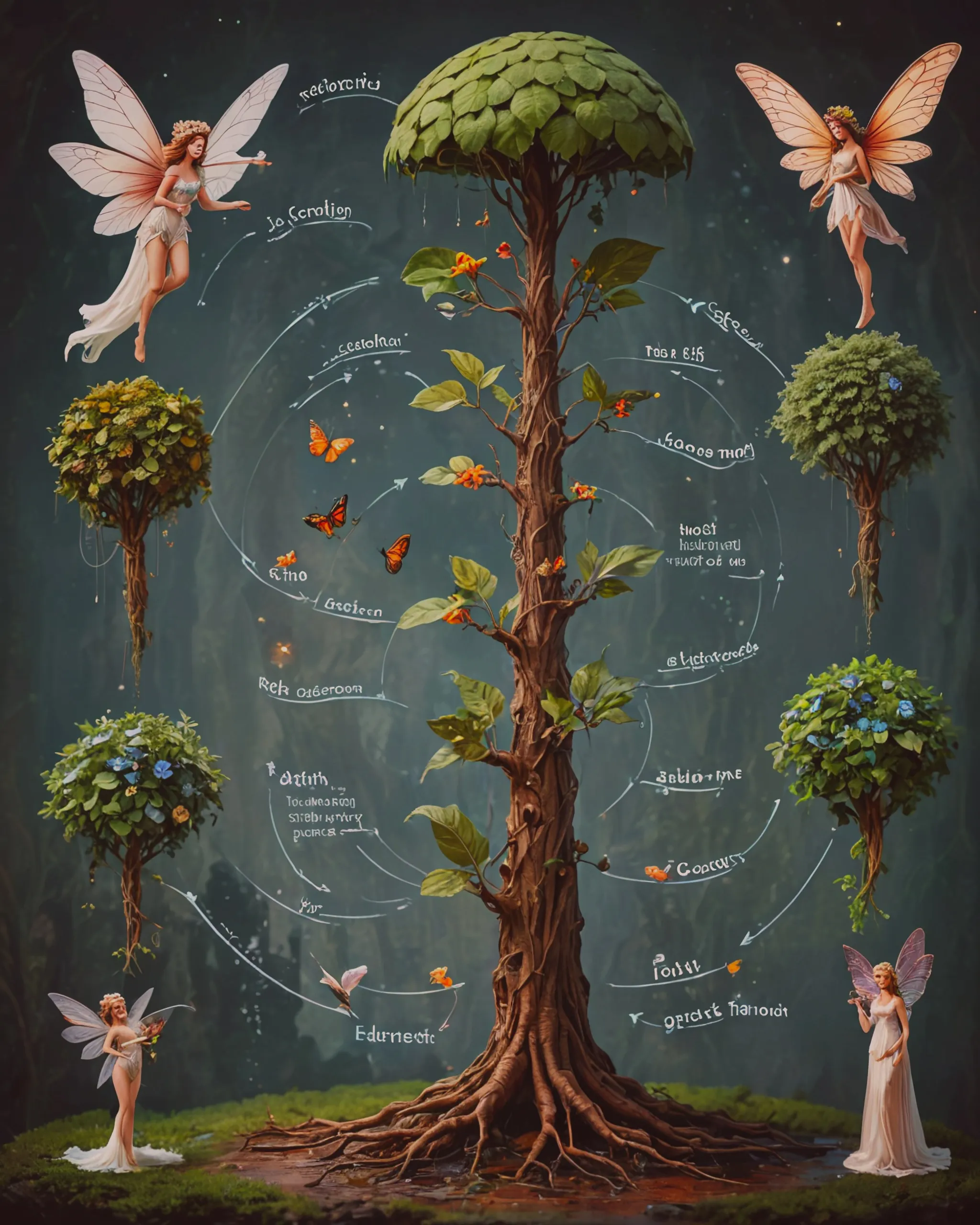 A diagram showing the life cycle of a fairy, from cocoon to birth through adult hood, the fairy’s element is earth/plants