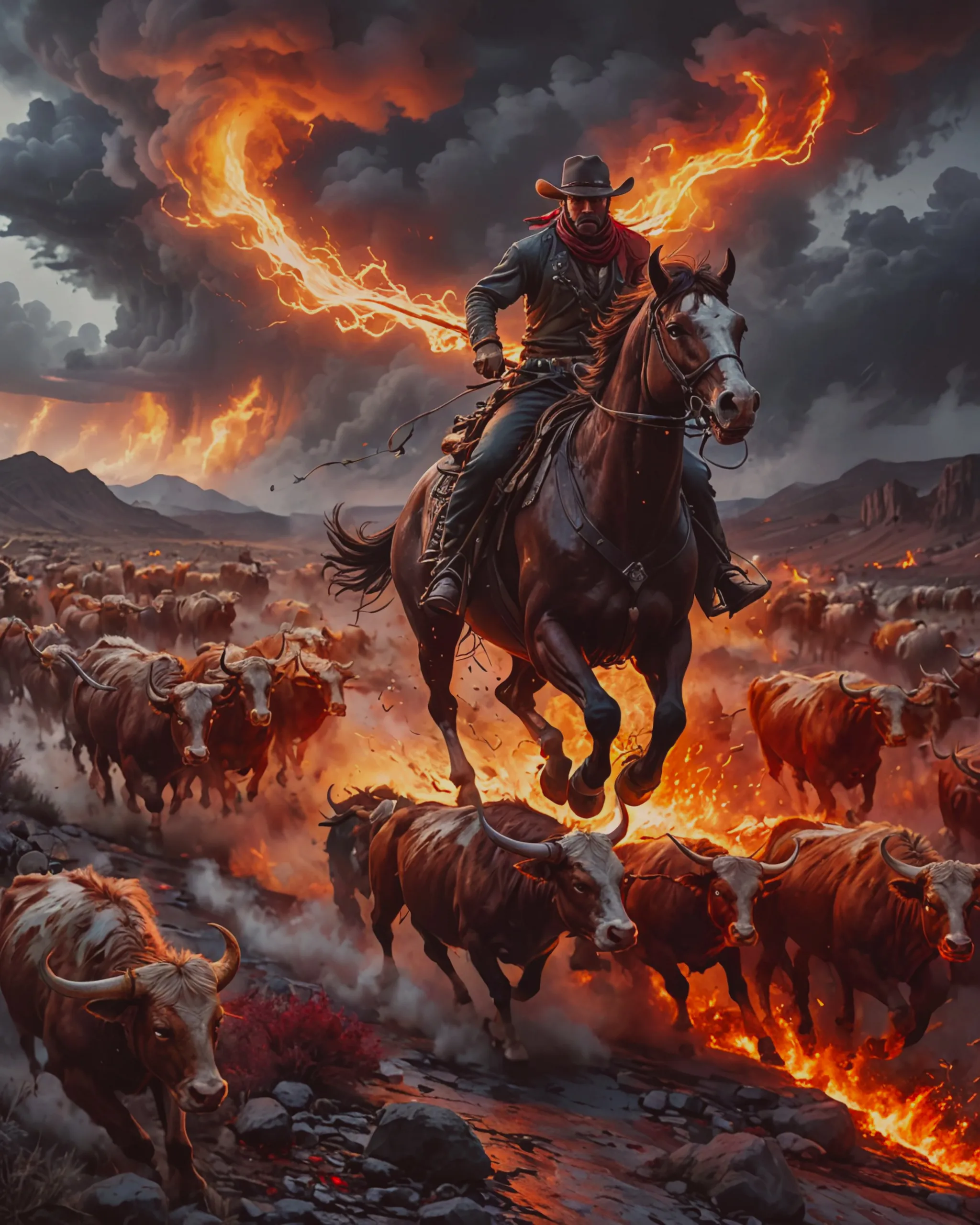 old cowboy rides atop a dark, a - Free AI Photo Generator - starryai