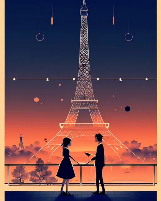 Minimal poster style, couple having dinner at night with the Eiffel tower in the background, string lights, minimal, minimalist