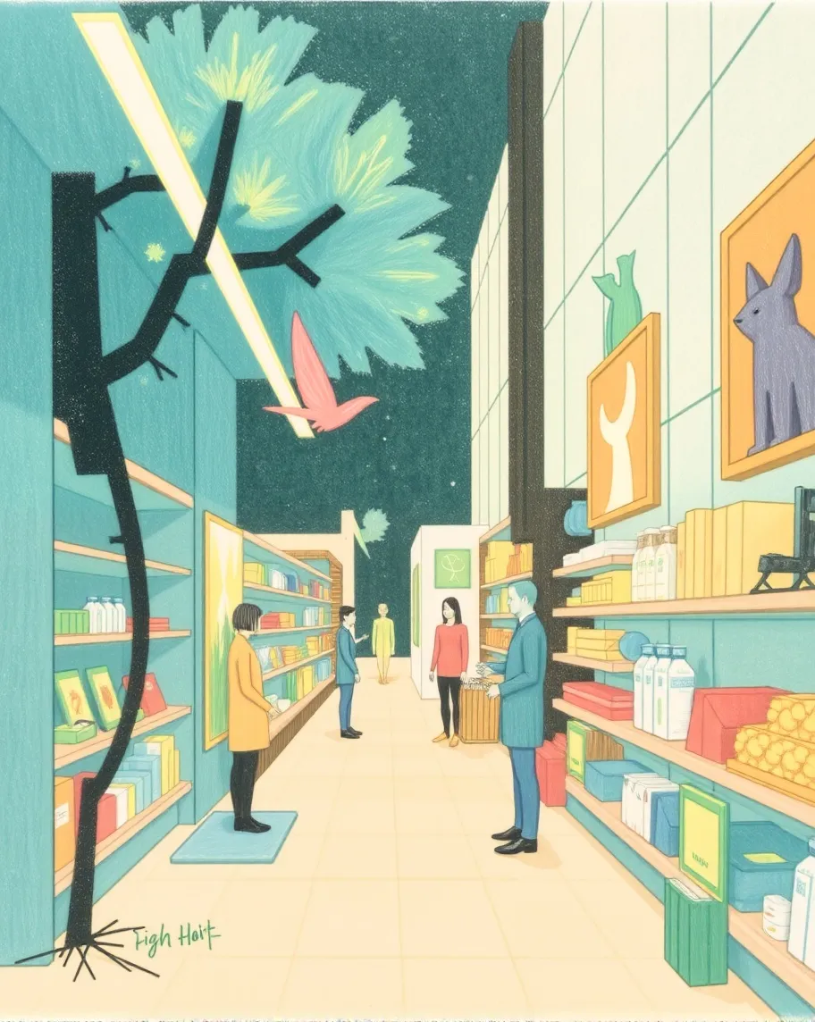 Using Hao Liang’s style of elemental strokes, create a supermarket scene with floating staff and customers in pale tones buying hyper-real products. Trees and woodland creatures can be seen among the shelves.