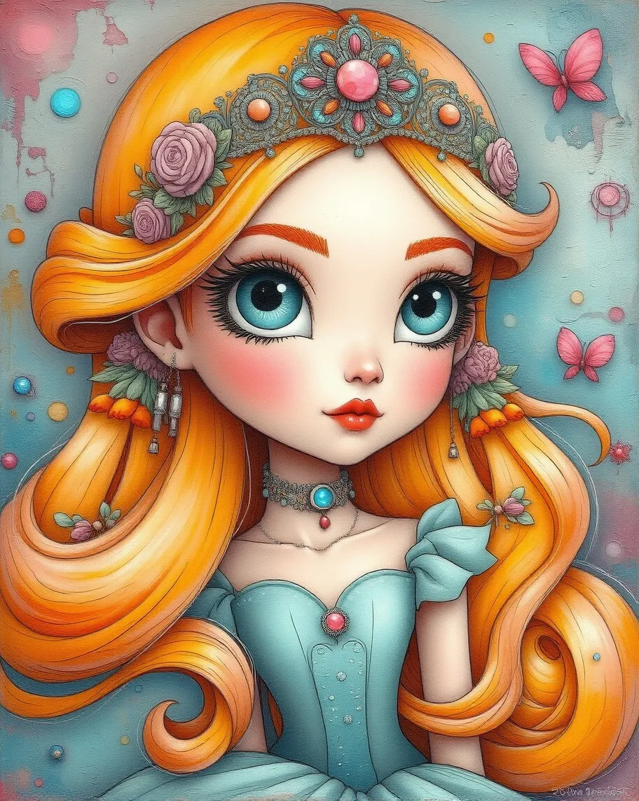 create a Whimsy fantasy analytical mystical adornments everywhere magical elements everywhere enchanted image of a flawless beautiful princess with a beautiful diamond colorful tiara that is delicate with gorgeous green peering eyes she has yellow hair with violet very delicate tiny roses frame her face she is wearing a beautiful turquoise formal ball gown with shiny sequence on it Hyper detailed hyper colorful 3D effect extreme extreme depth textured paint 