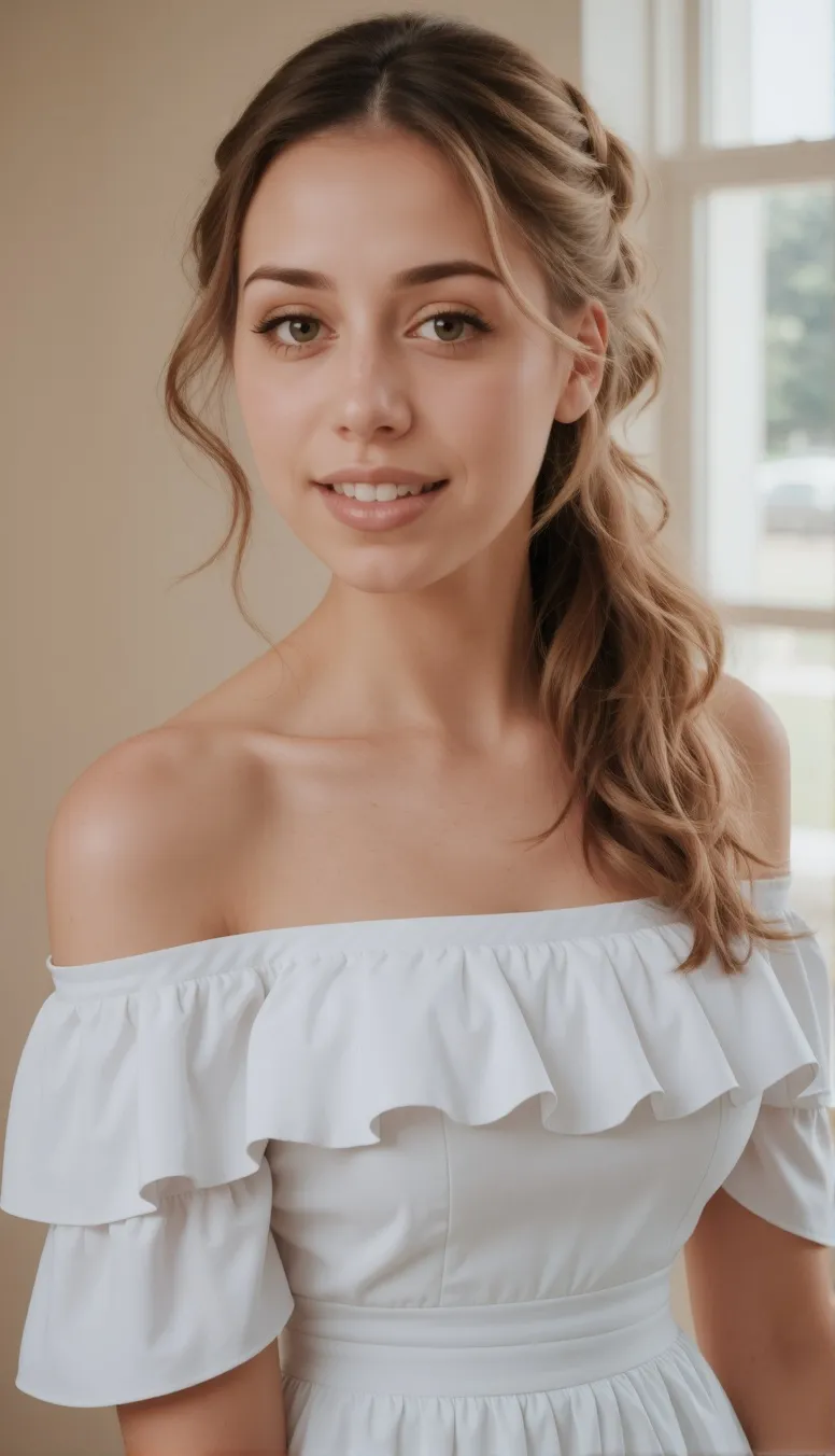 a woman (off-shoulder white dress with loose updo hair)