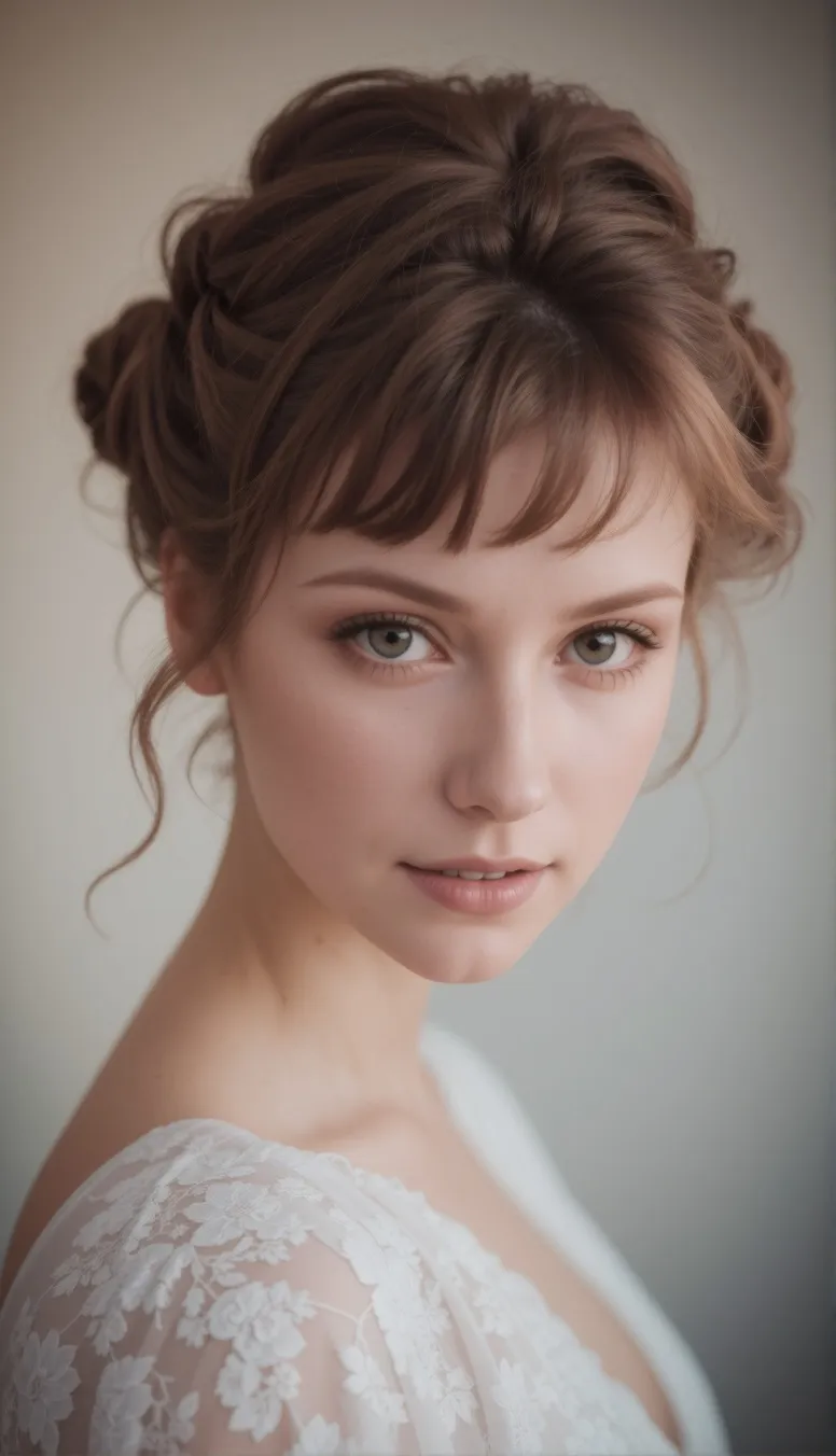 a young woman (with brown updo hair in a white vintage dress with lace details)