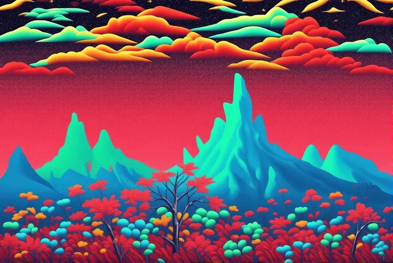 A landscape with otherworldly colors and flora.