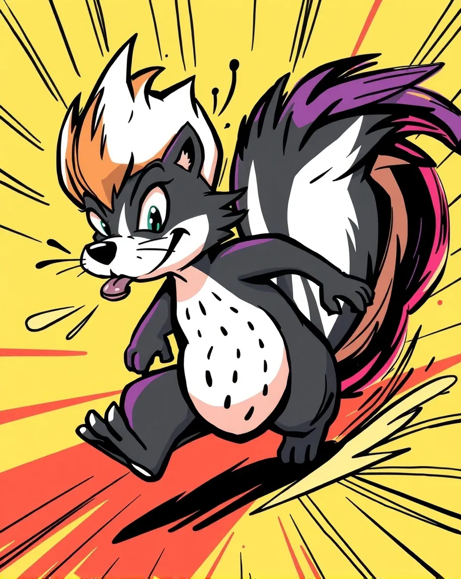 "A bold and colorful comic-style image of a skunk featuring the dynamic character in motion, with expressive and whimsical sketch lines that add energy and liveliness to the scene. The color palette should be vibrant and striking, with thick, defined outlines, while the sketch lines appear loose and playful, giving the artwork a sense of movement and fun. Include elements like motion lines or swirls to emphasize the energetic style, and keep the overall tone vibrant and creative."