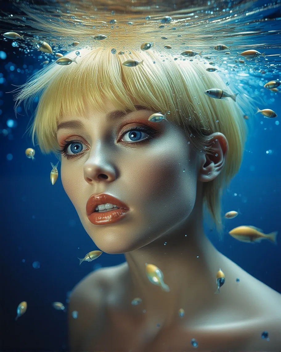 A witch, extremely short blond hair,  portrait under water,  blue and green waves, a swarm of fishes  swim around her,  underwater scene,  highly detailed  realistic photo hdr