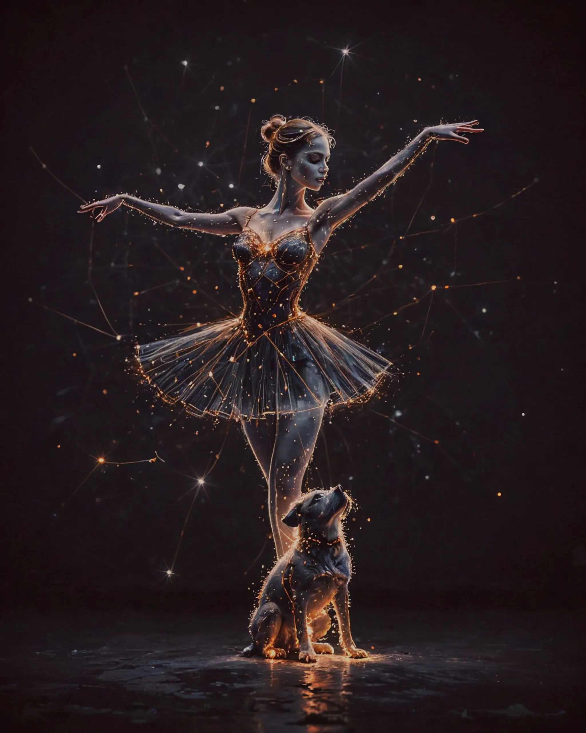 Star constellation, all the stars connected by thin luminous lines shaped into a female ballet dancer and a dog