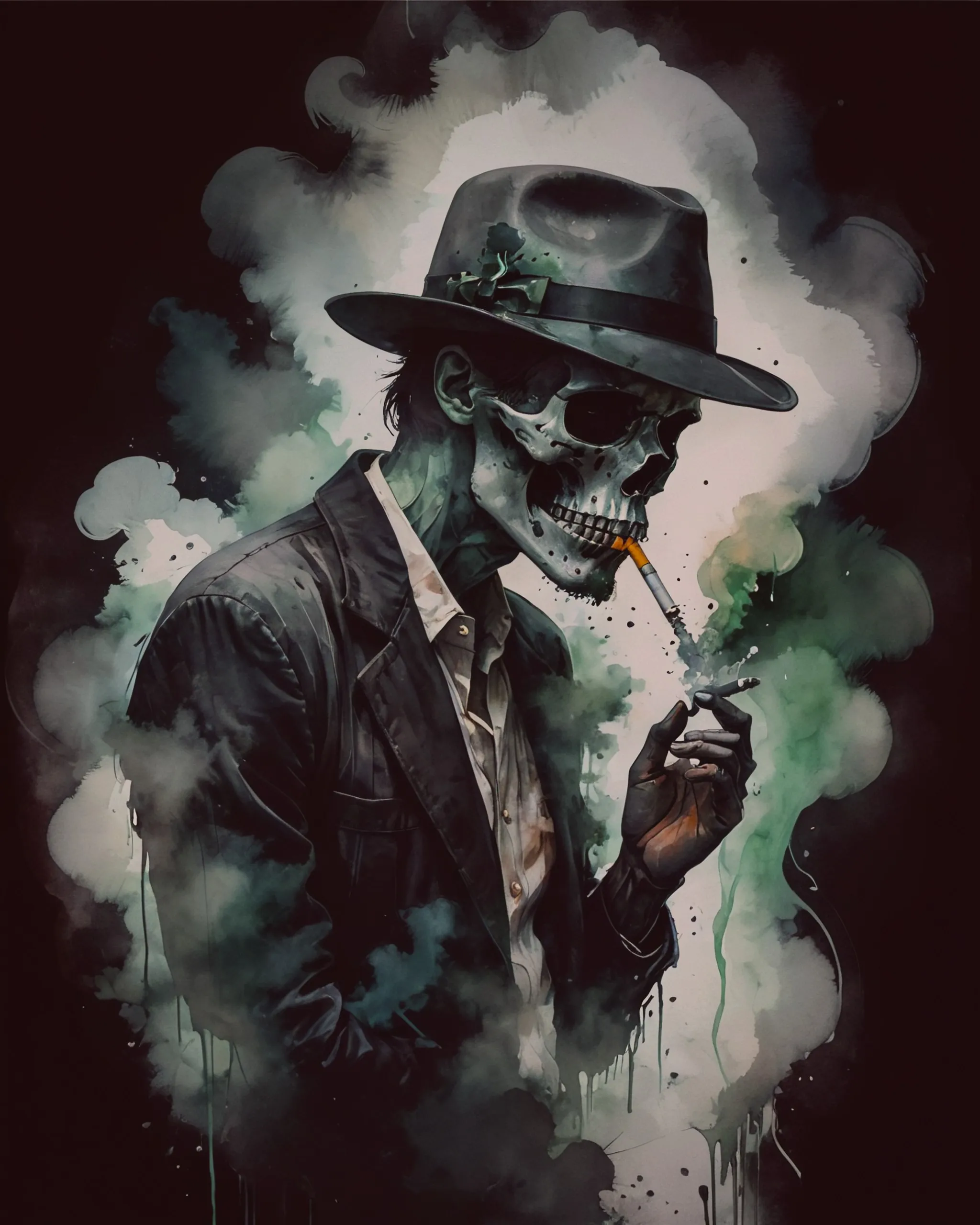 Man in a black hat with a skull on it smoking a cigarette. Green smoke coming out of the cigarette. Black background with a shadow skull, watercolor, ink art 