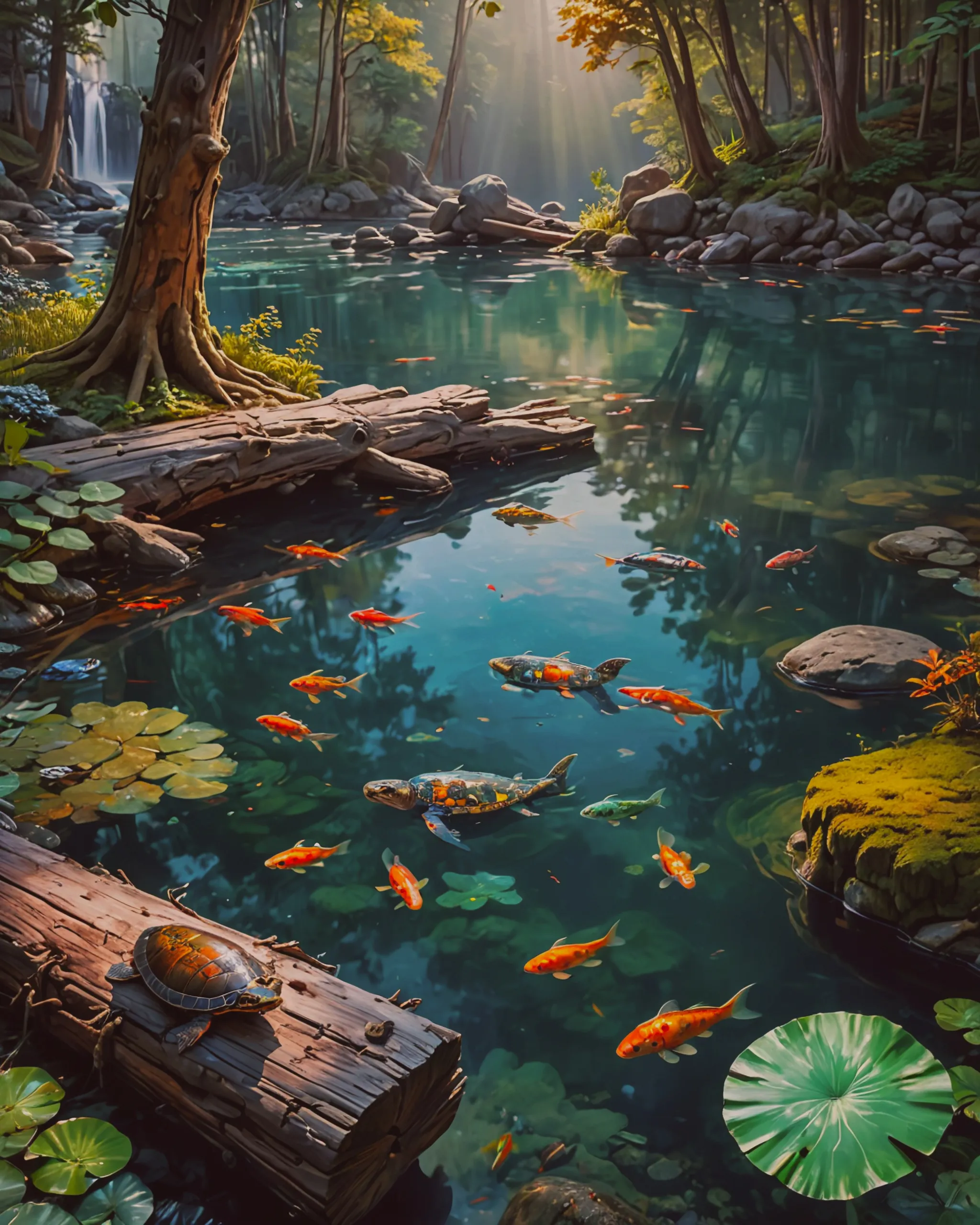 a small, serene pond nestled a - Free AI Photo Generator - starryai