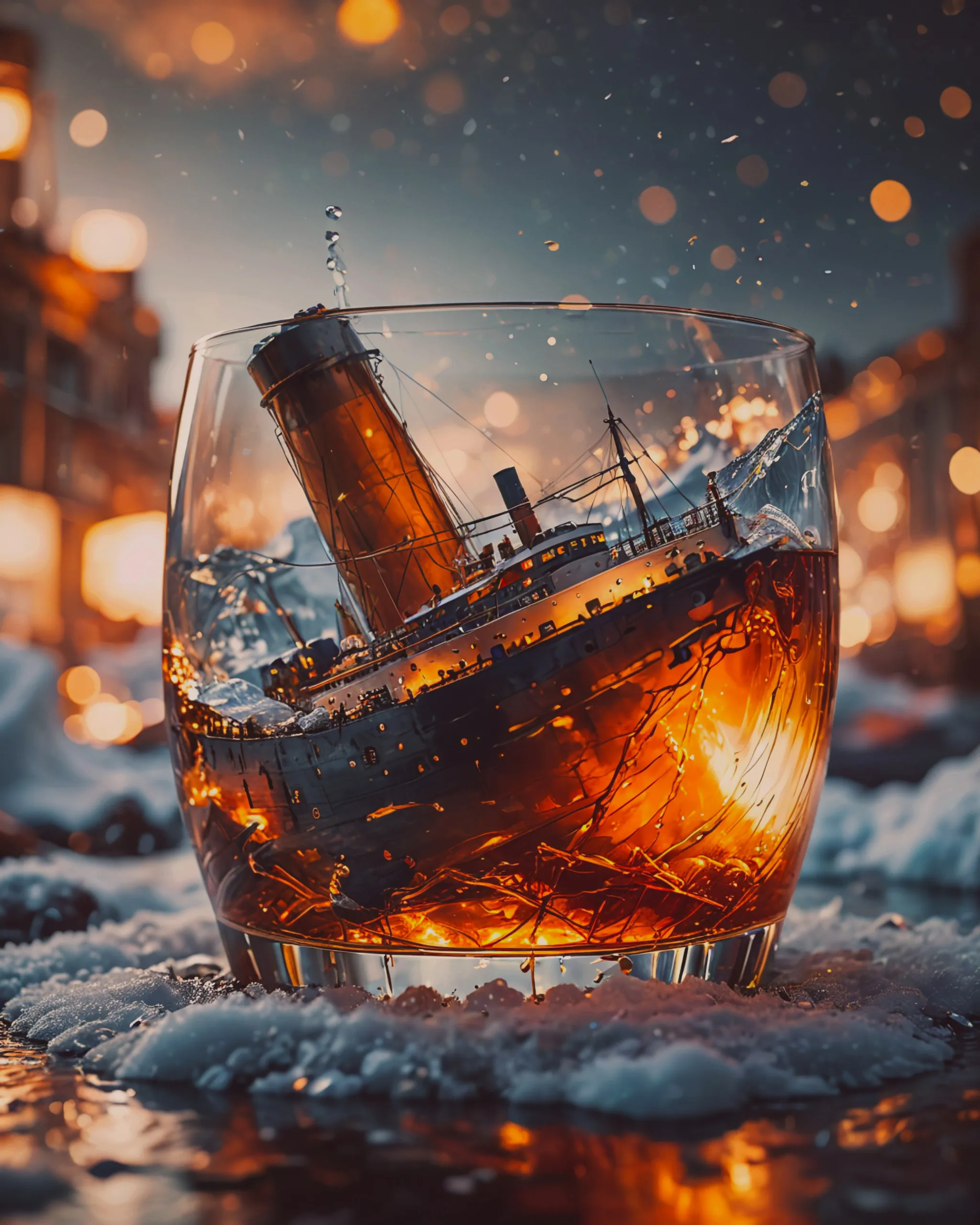 Titanic Ship swimming in a glass of Whisky, ice in  the glass as an iceberg. Bokeeh background,  highly detailed,  golden sparkle, warm colours, octane render 