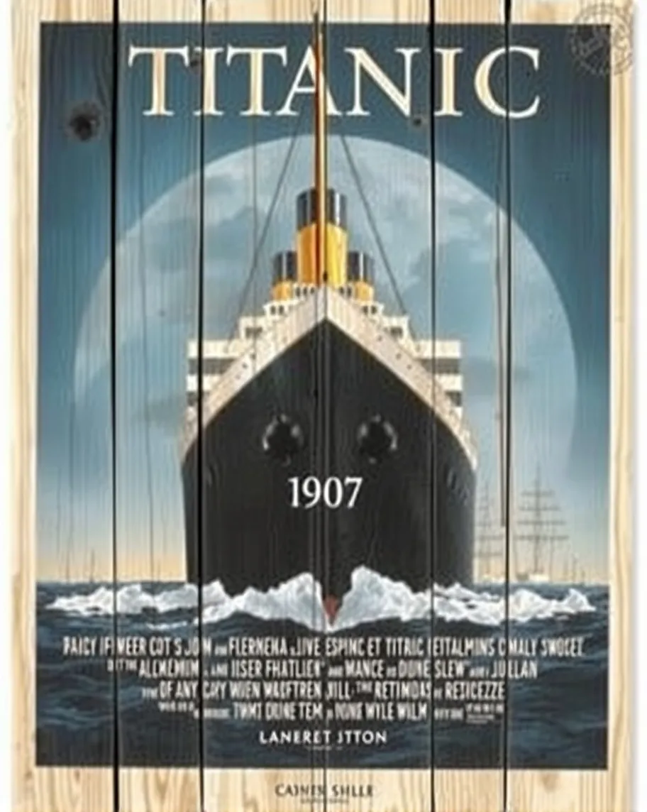 Titanic, movie. 1997, movie poster on wood