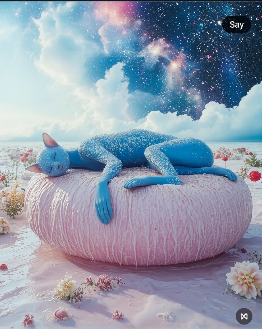 Dripping Realm Blue cat-woman, sleeping on - Free AI Photo Generator - starryai