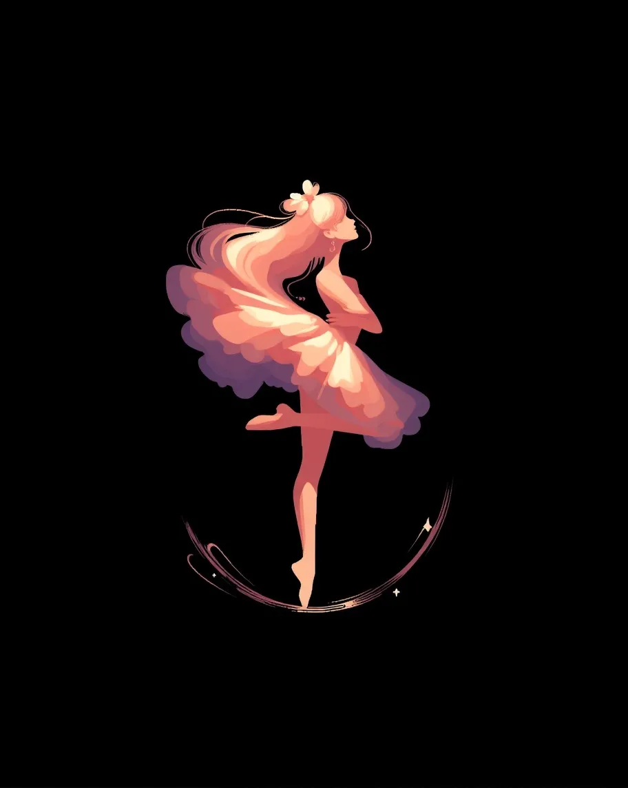 Pixel_anime, ballerina in motion, smooth_color(symbounseen oval-shaped void curvilinear molding her silhouette)painting black backgr. underlaid symbolic hints of the golden ratio forming an attention looo. painterly style Visible, thick brushstrokes. delicate dangling earrings sparkling touch