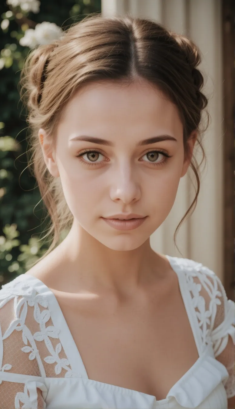 A young woman (with brown updo hair in a white vintage dress with lace details)