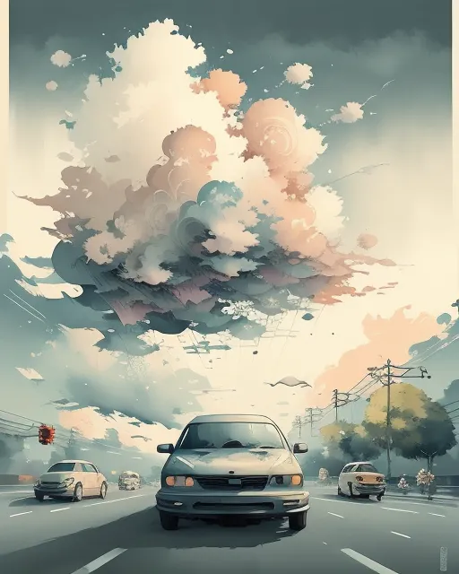 Clouds in the sky with cars and people and animals coming out of them.