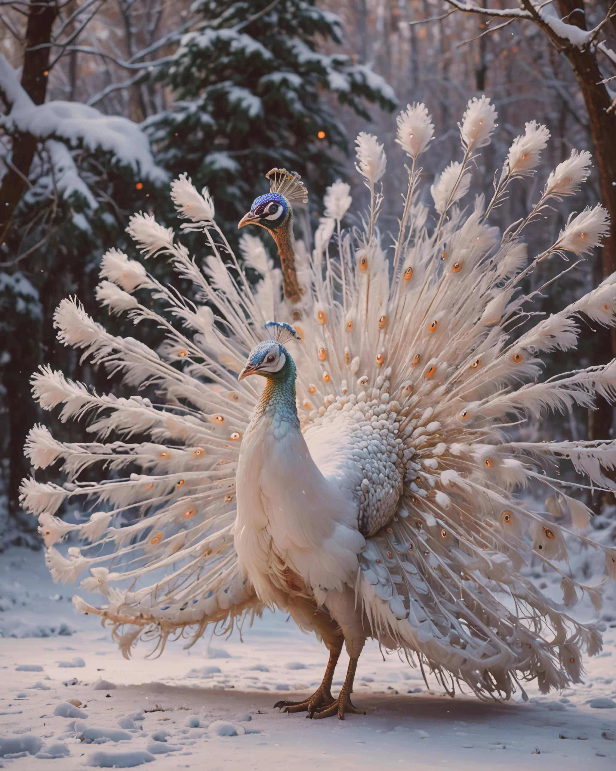 Albino peacock in the snow