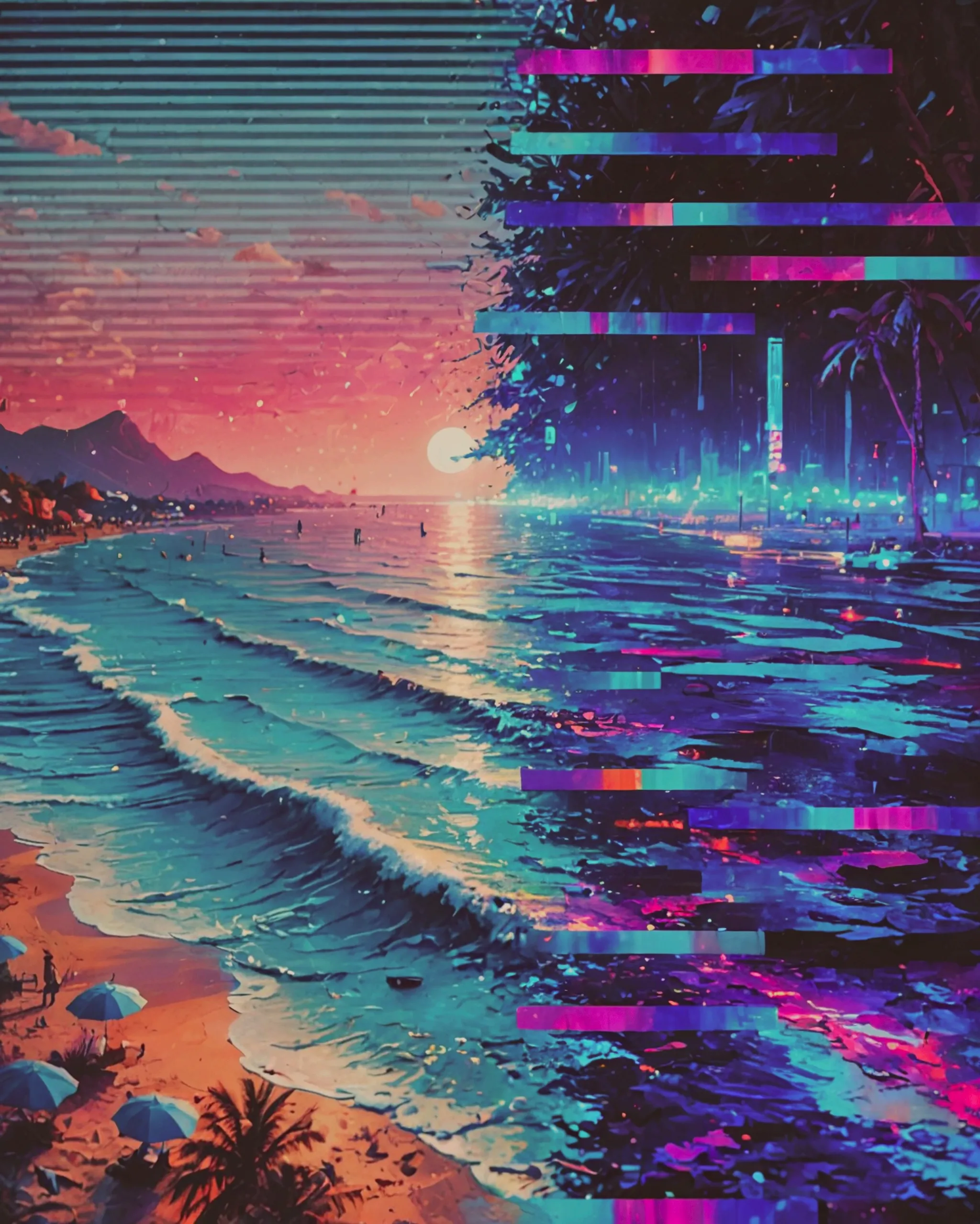 We live in a simulation, one half of the picture shows a beautiful beach, the other side is textured with fractured, neon hues and pixelated glitches, as if the very fabric of reality has glitched out. electric blues and purples, shimmering with a static-like energy.