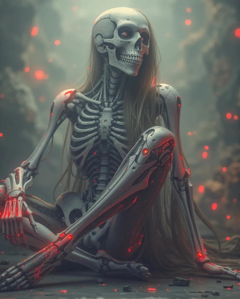 Use my drawing as a reference and draw a cyberpunk female skeleton beautifully detailed and focused 