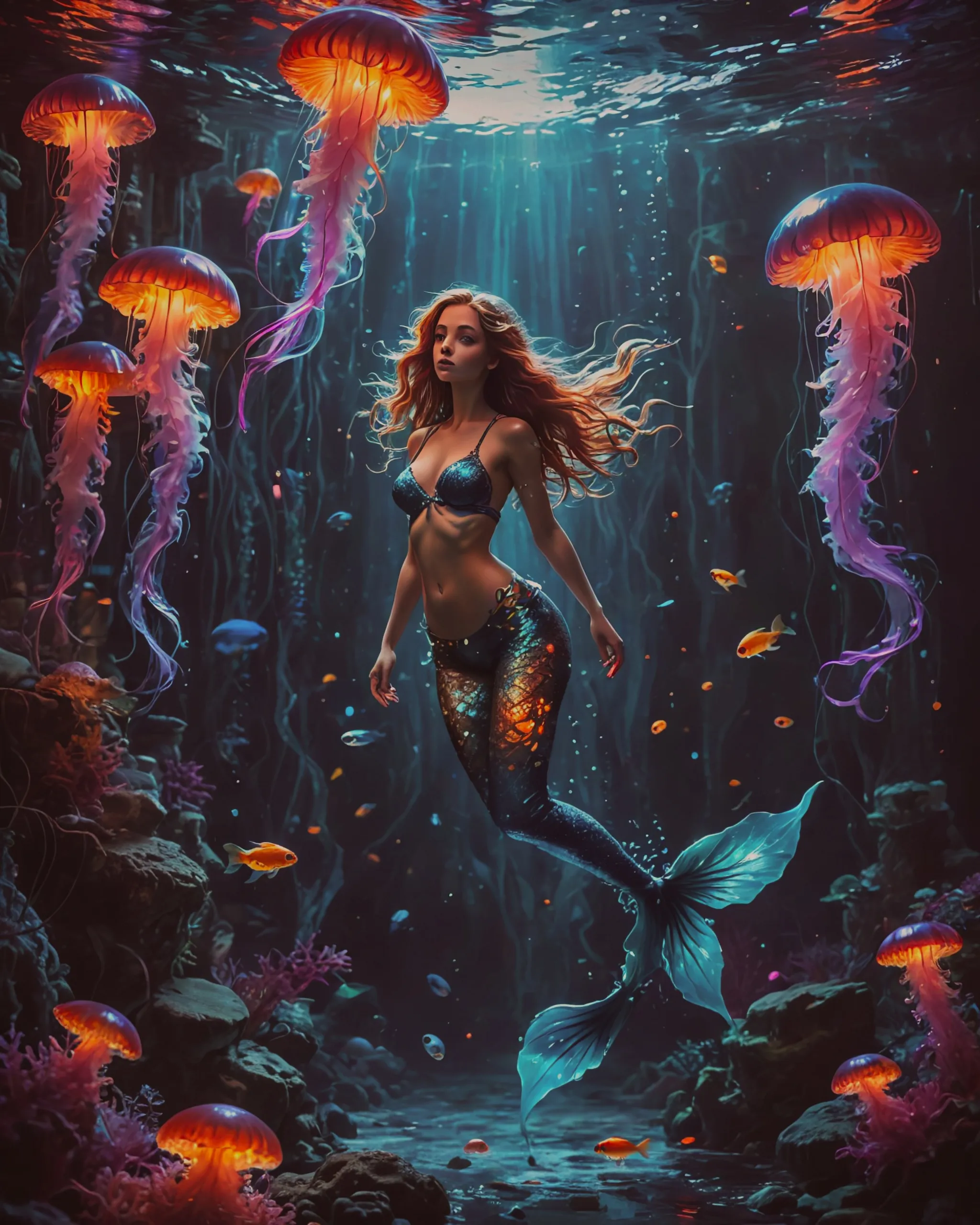 Mermaid swimming wity neon jelly - Free AI Photo Generator - starryai