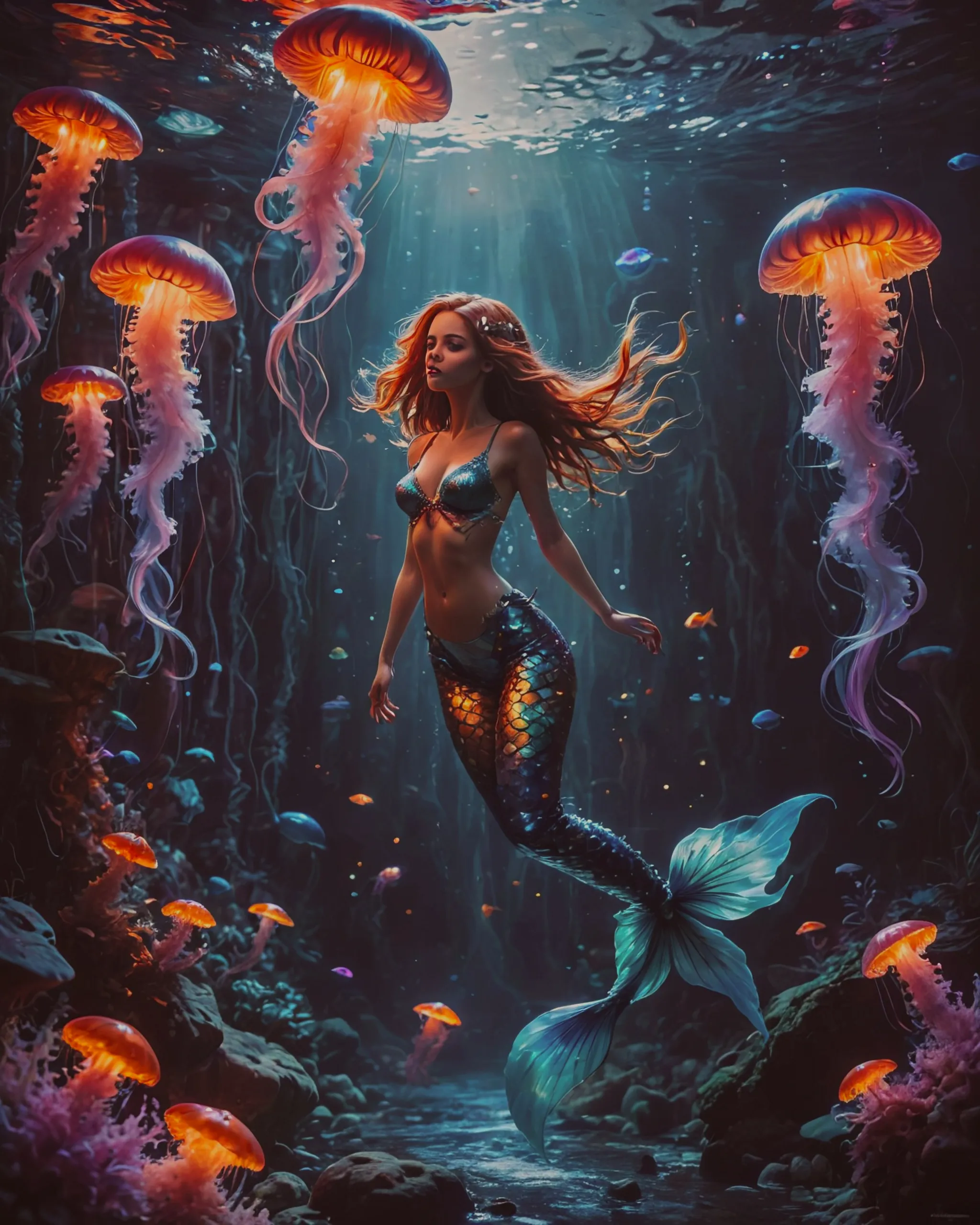 Mermaid swimming wity neon jelly - Free AI Photo Generator - starryai