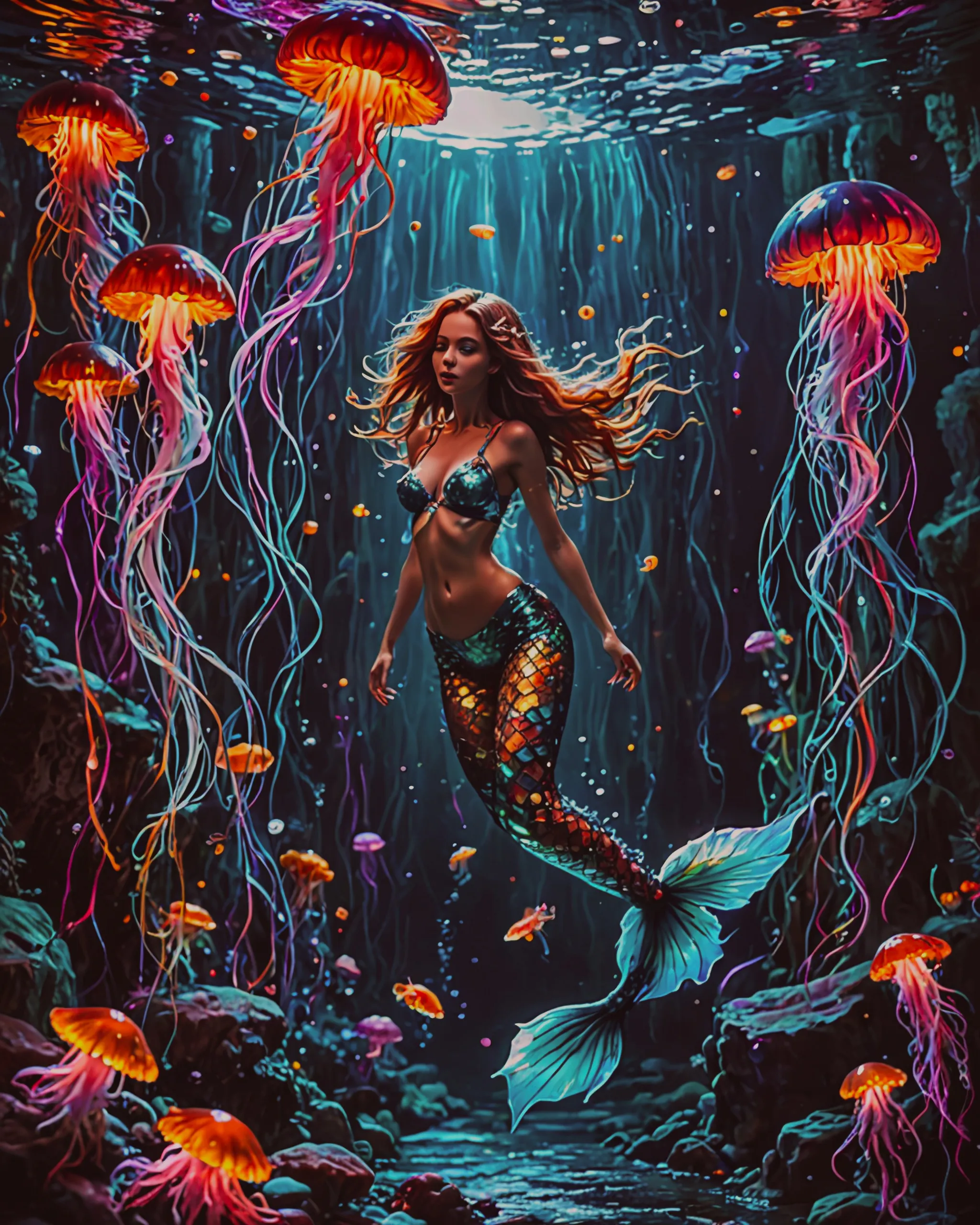 Mermaid swimming wity neon jelly - Free AI Photo Generator - starryai