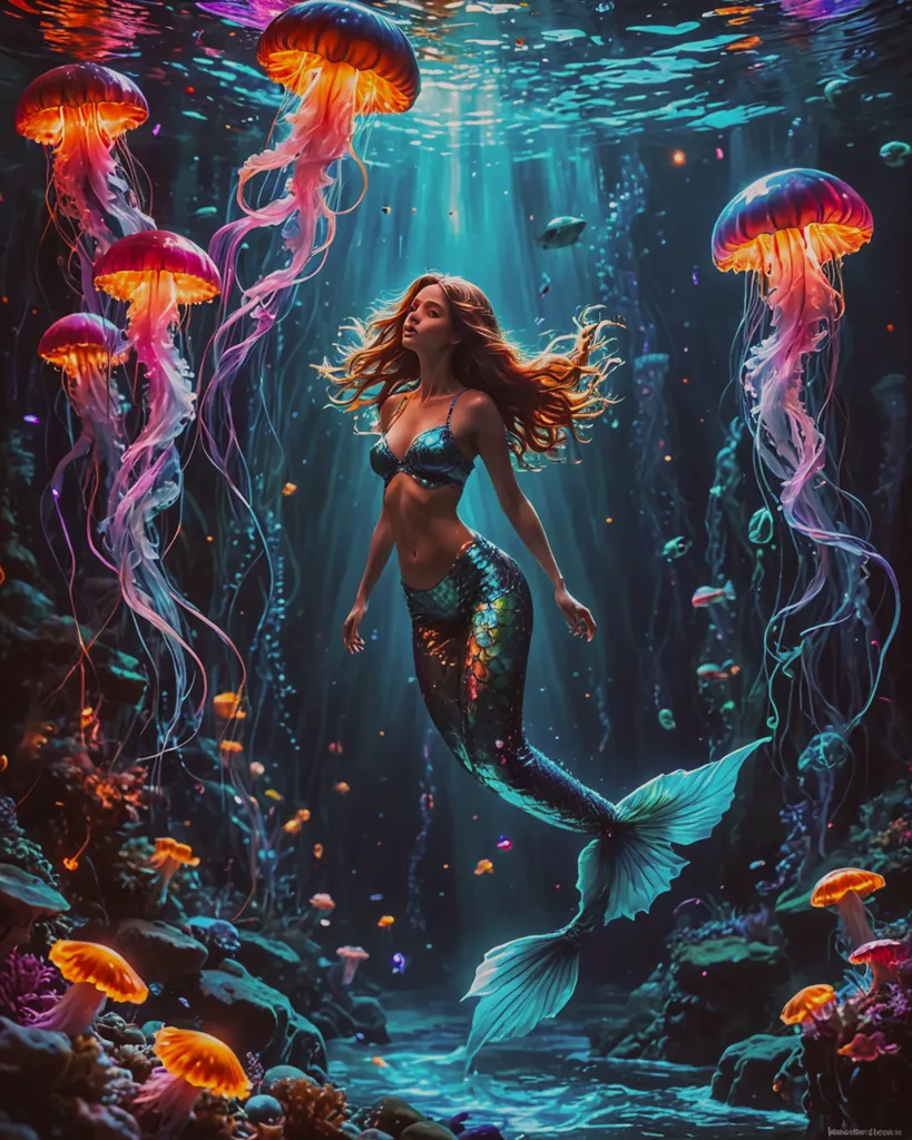 Mermaid swimming wity neon jelly - Free AI Photo Generator - starryai