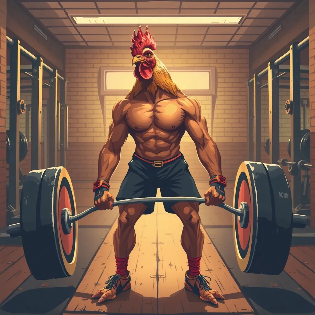 jacked weightlifting chicken in a gym