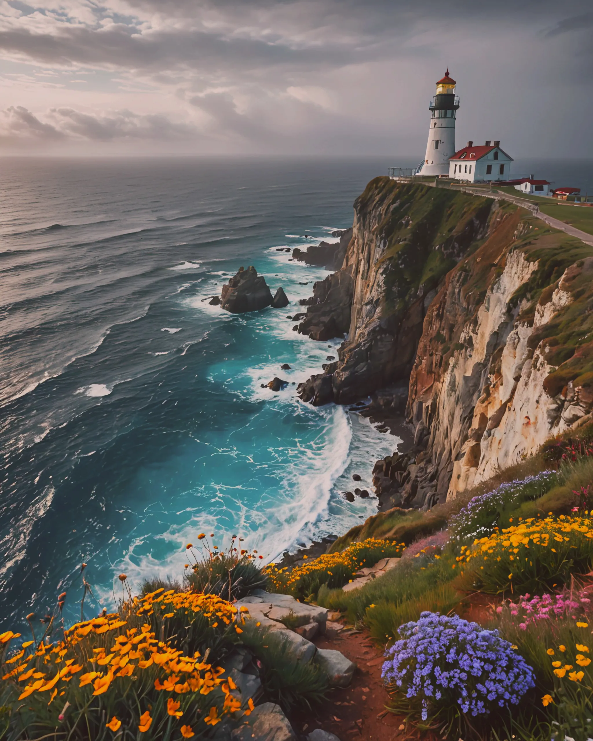 A dramatic cliffside overlooking a vast, turquoise ocean. Waves crash against jagged rocks below, sending sprays of mist into the air. Wildflowers bloom along the cliff edge, adding bursts of color to the otherwise rugged landscape. Far out on the horizon, a lonely lighthouse stands watch.