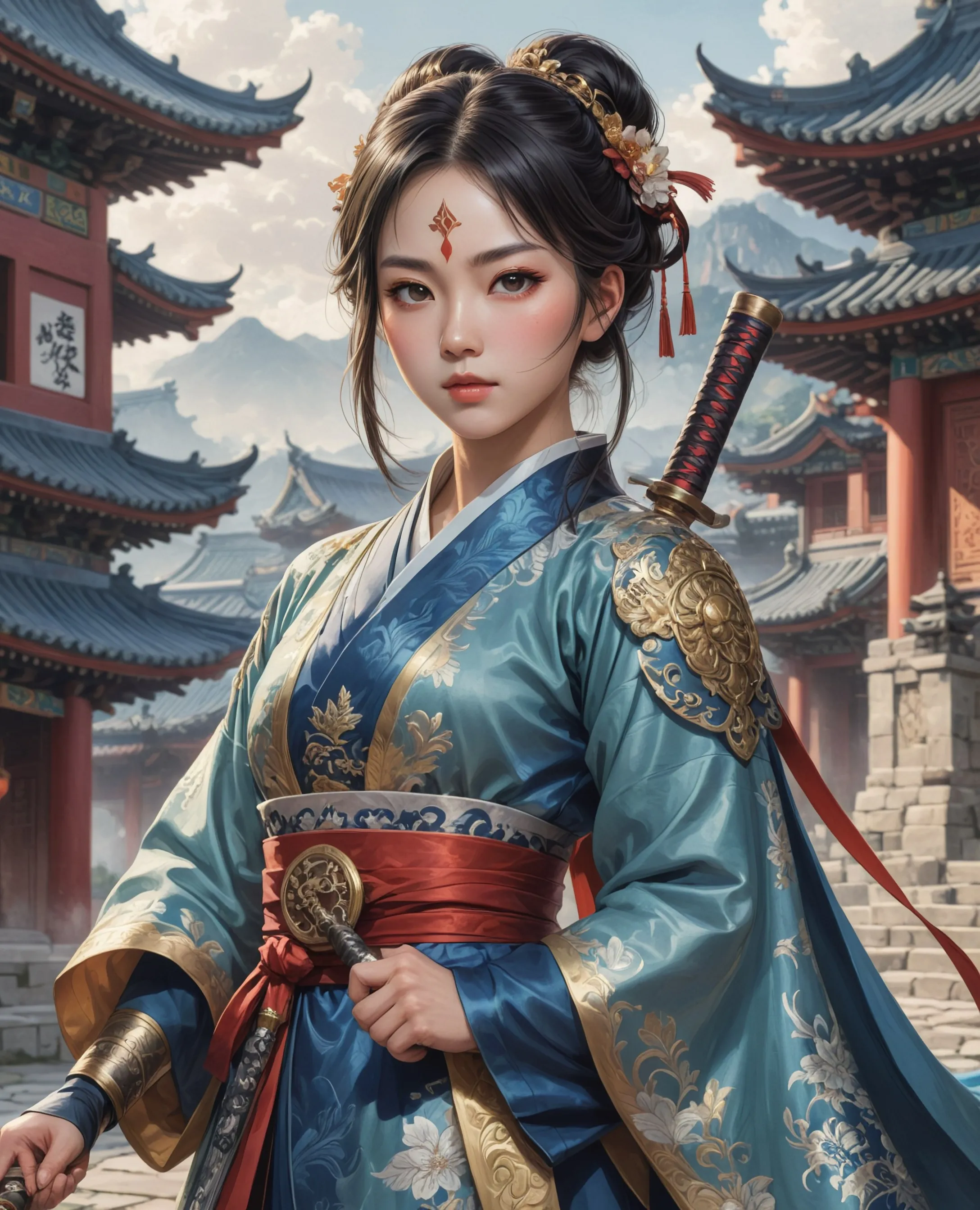 a woman a sword standing front - Free AI Photo Generator - starryai
