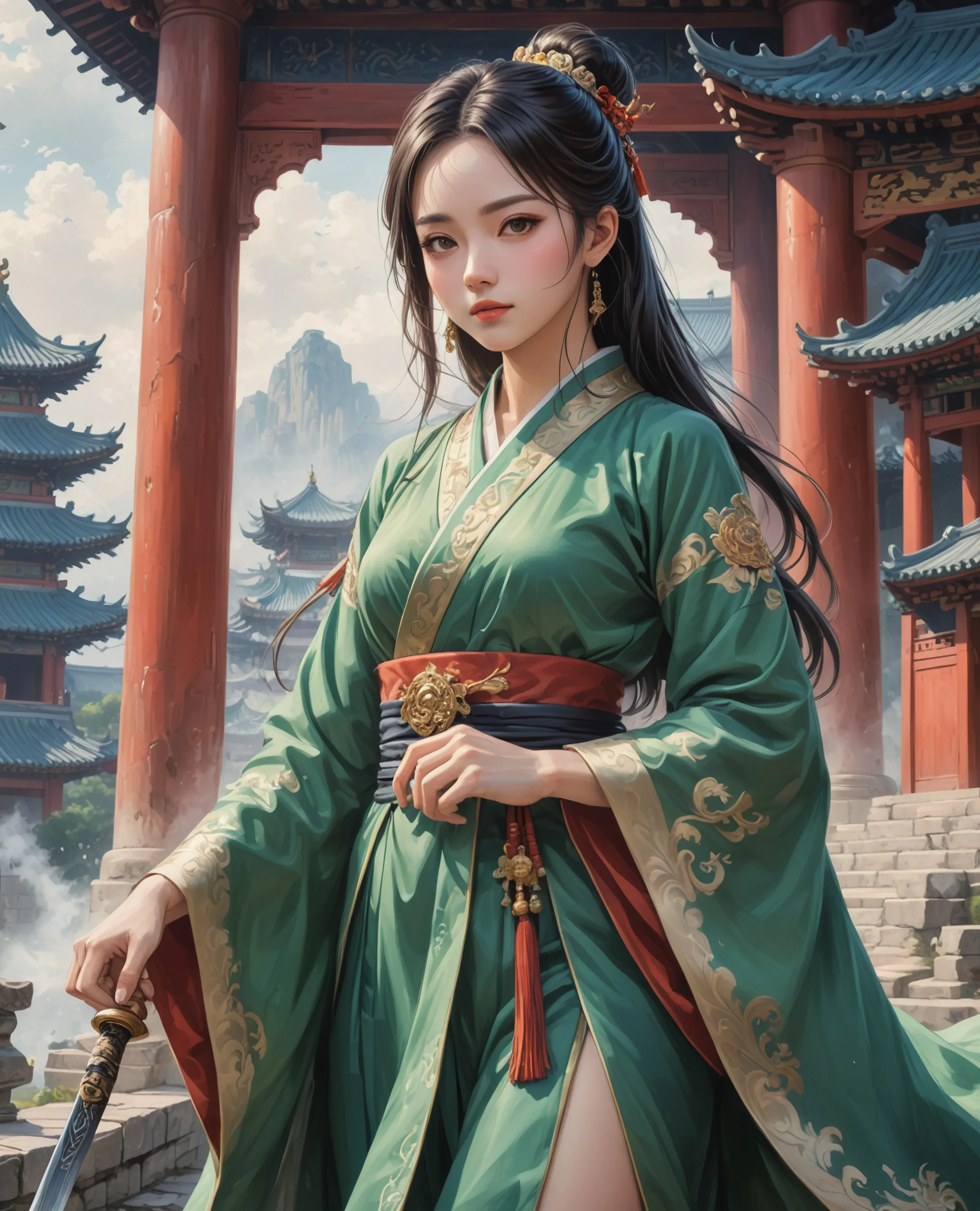 a woman a sword standing front - Free AI Photo Generator - starryai