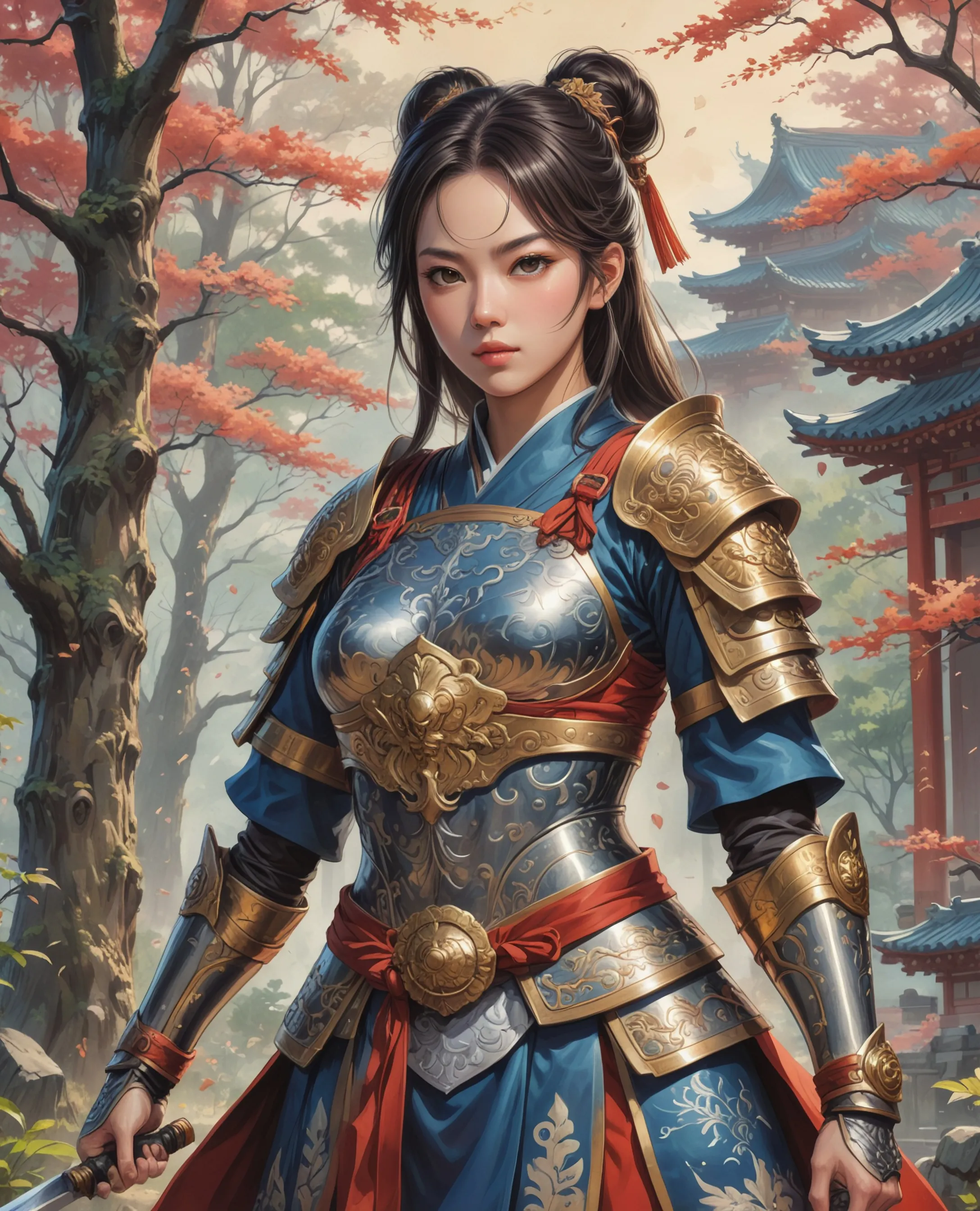 a woman a sword standing front - Free AI Photo Generator - starryai
