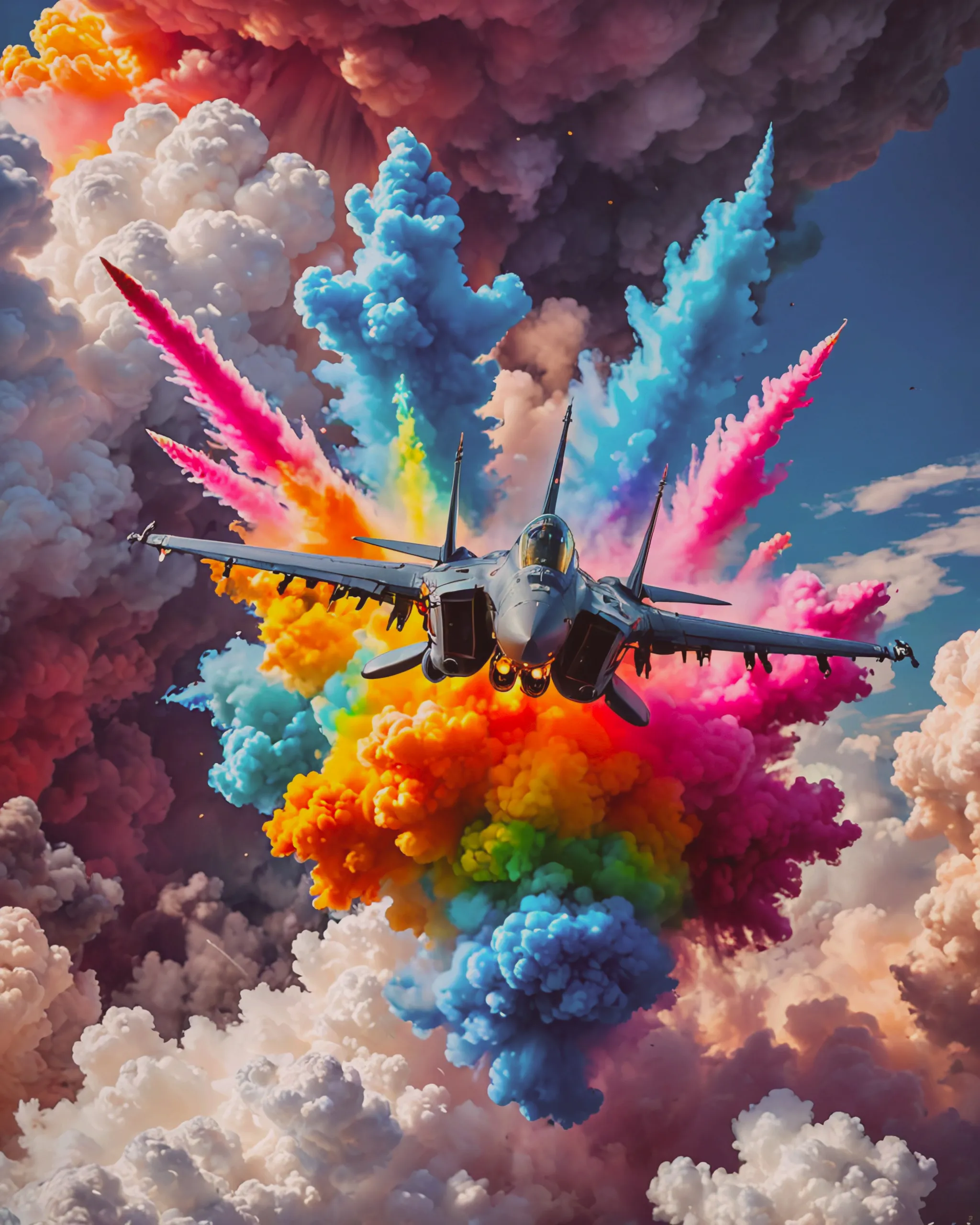 Air Force Fighter Jet dropping rainbow bombs, rainbow smoke