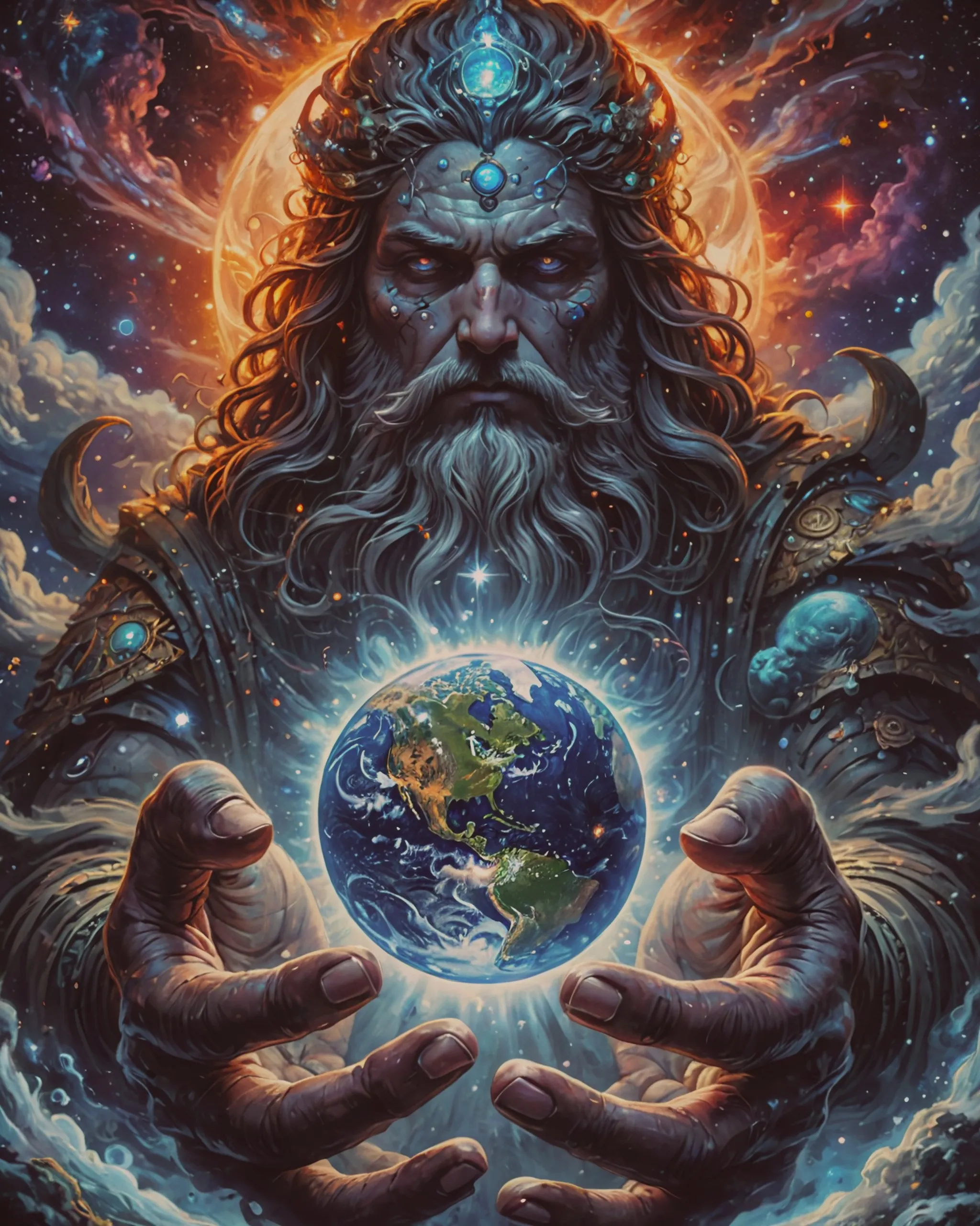 a cosmic god holding earth his - Free AI Photo Generator - starryai
