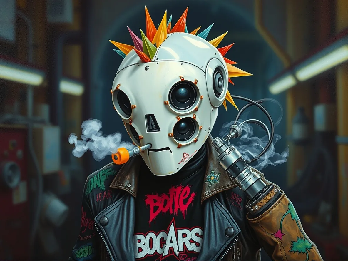 A painting of a robot that has two mismatched eyes, speaker slots for a mouth, and graffiti tattoos on its carapace. It is wearing a painted and embroidered leather jacket and a band t-shirt. It is smoking a vape and has multicolored plastic shards for hair. An industrial setting for a background, dark and neon lit. 