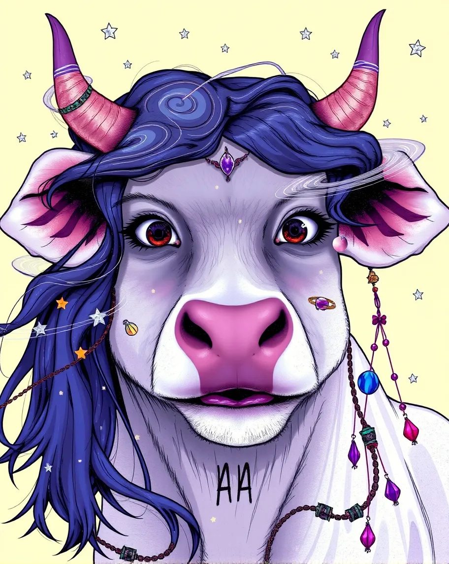 A crazy cow with swirling eyes and a happy grin, long curly horns adorned with jewels and beads, purple mauve blue, cartoon, dripping ink style, 4K