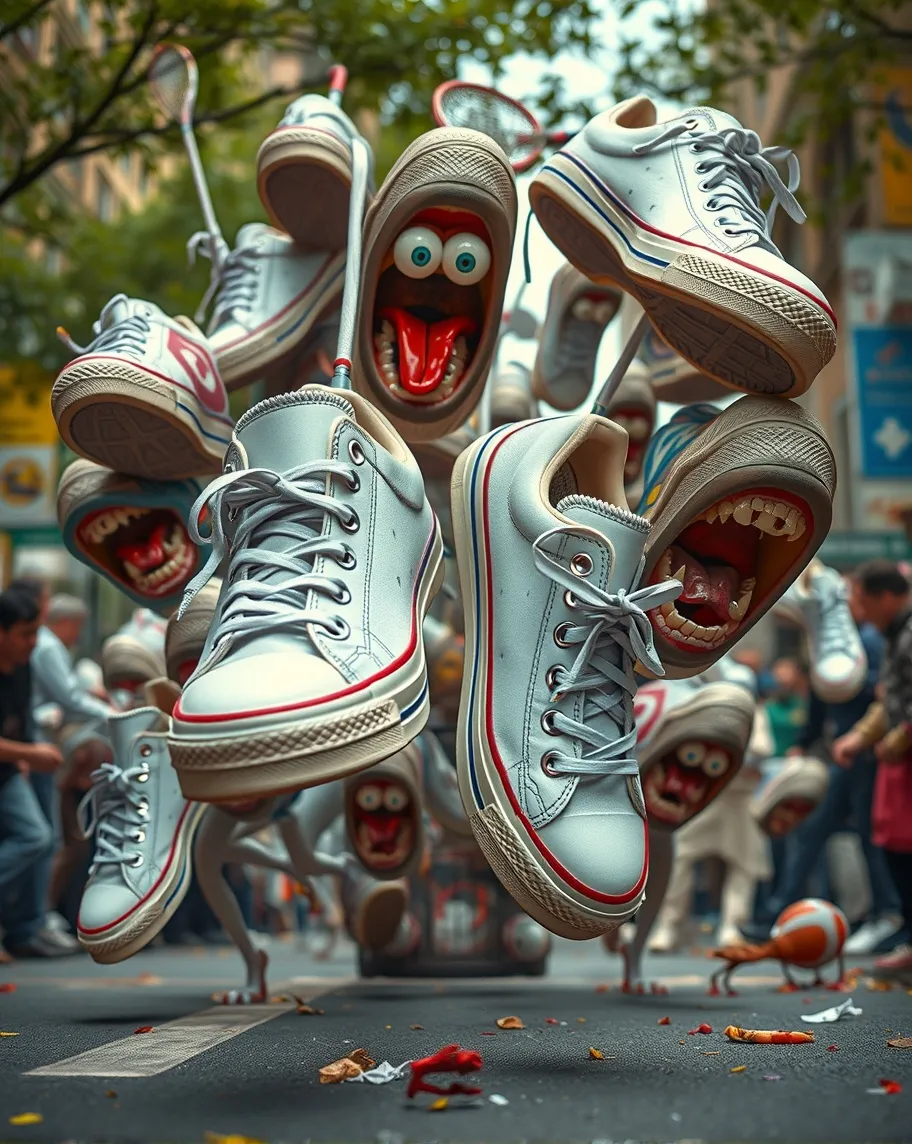 Tennis shoes have magically come to life, have eyes and teeth, and run amok to reak havoc all over the city while people with nets try to catch them. Mood is comical and chaotic. Hundreds of shoes are seen, and some chase people and pets, some  in the garbage cans, tearing it up. 4k hyperdetailed 