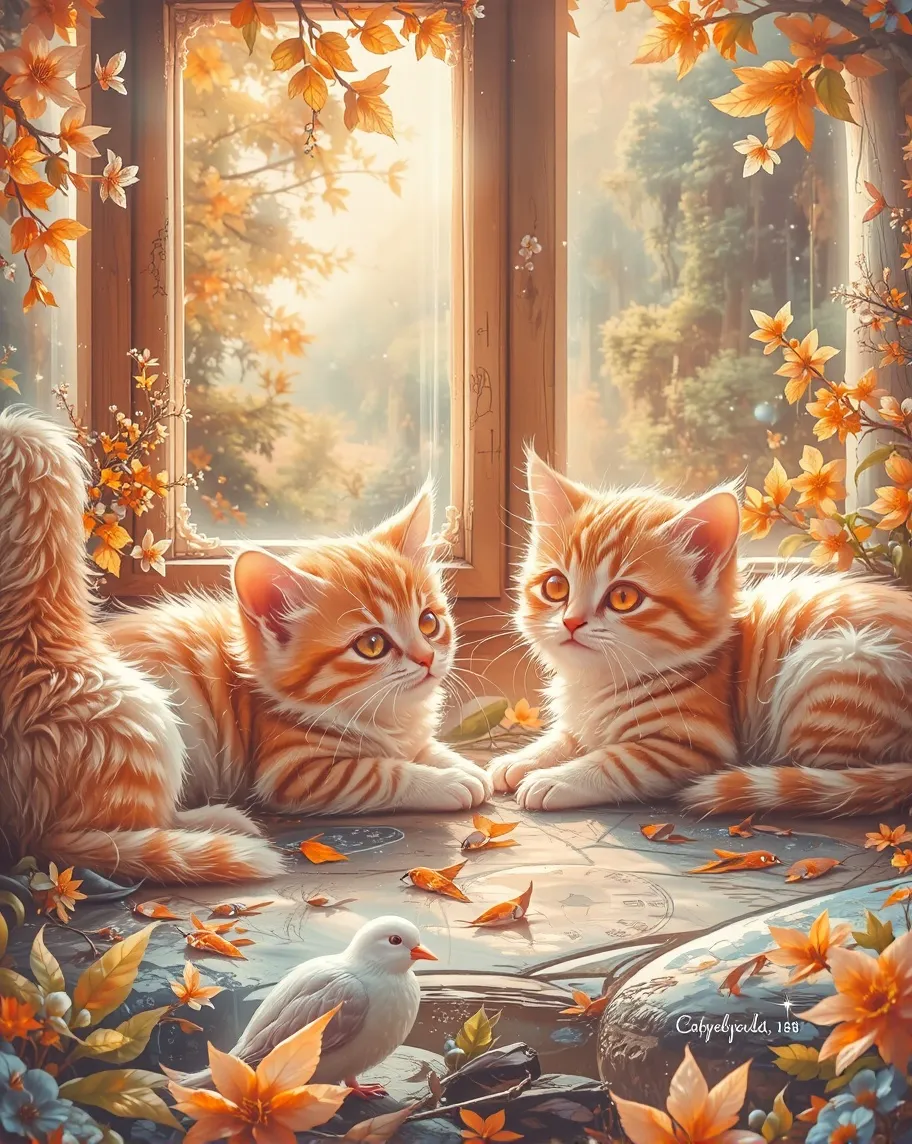 Adorable kittens lying around looking content and serene in a dream like serene setting.  Picture should depict calmness 