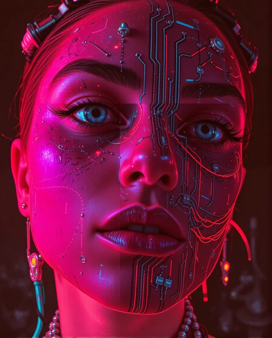 Cyberpunk face close up, hues of pink, cyber pop art, graphic novel cover design, circuitry, techno, psychedelic, neon, 2077 vibe, graffiti artist, cyber face, cyber club, neon, black light, close up, urban art, decay, futuristic, cyberpunk, realistic, alternative street art, manga, cinematic, poster style, graphic novel cover