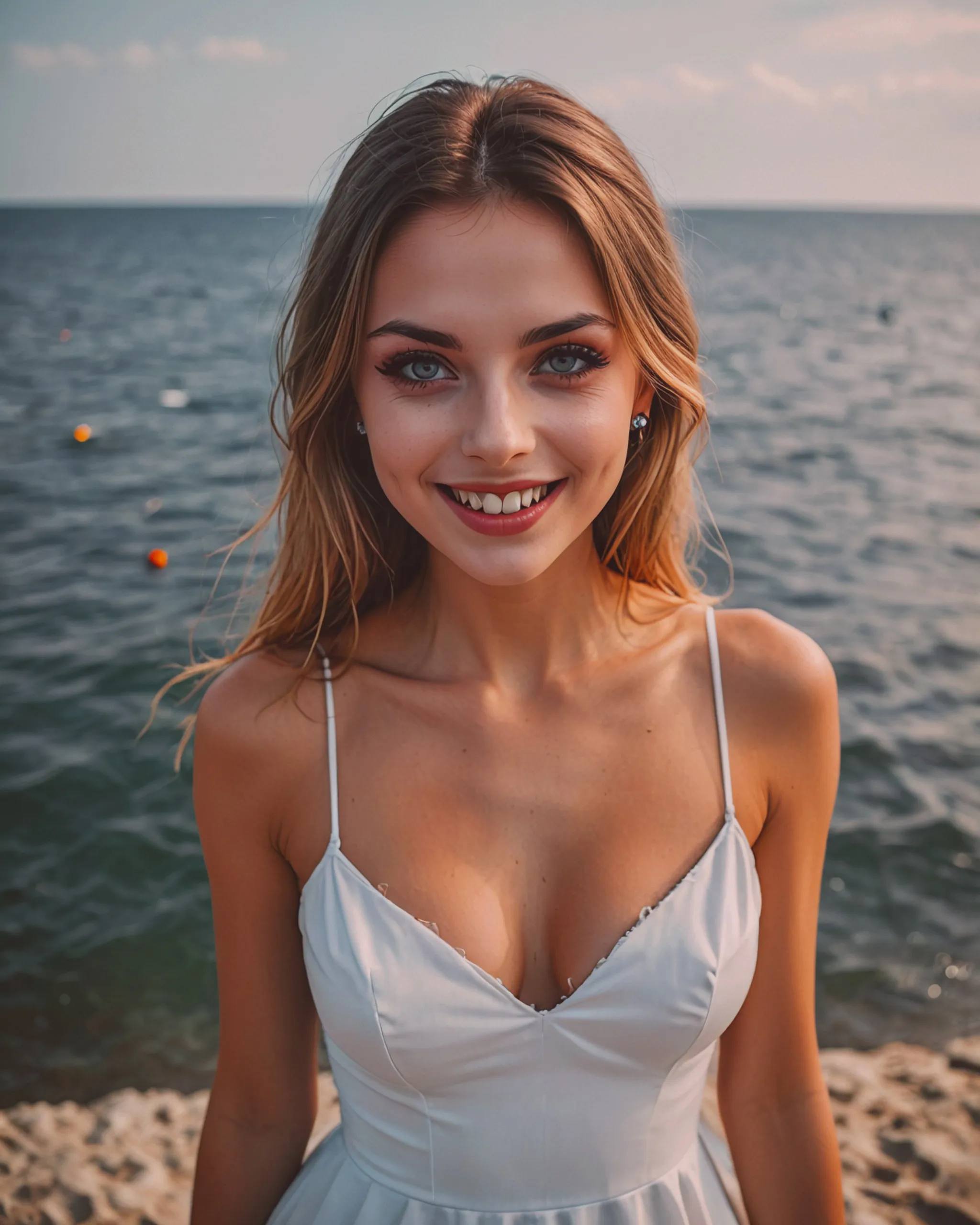 The girl with beautiful Black eyes, height 1.63 from minsk, smile how a shark, vampire teeth, and short dress