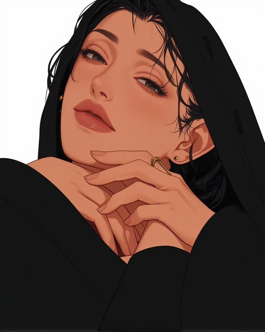 Woman, Tan skin,Black Eyes,Black Hair, Comforting expression, high Cheekbones, soft Face,Full Lips,Long Nails, pudgy, dark colored Modest Clothes, Long flowy Skirt and long sleeve Blouse, black veil covering her hair.