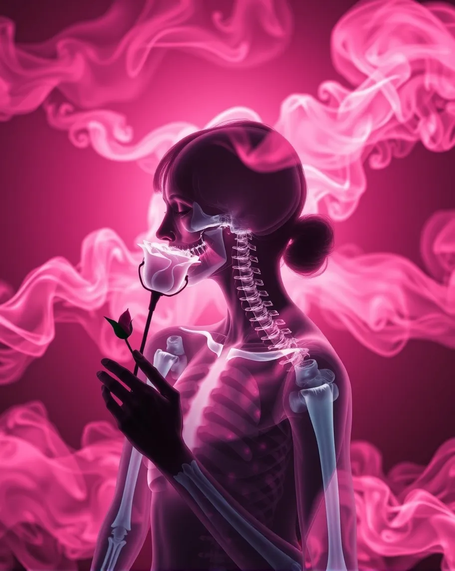 An x-ray photo of a person smelling a rose. Entire background is pale pink glowing smoke. The person smelling the rose looks as if it were an x-ray. Mood ethereal unique. 4k 3D. Photography effects.