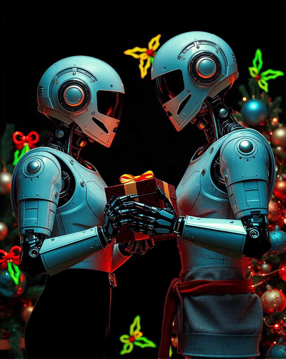 Happy Robo Christmas.                         Biomechanical Android couple give each other Christmas presents, Christmas decorations, a Christmas tree, l colour splash, close up, superimposed over a black void with neon holly, Deborah Turbeville, kodachrome, hyperrealism, retrofuturism 