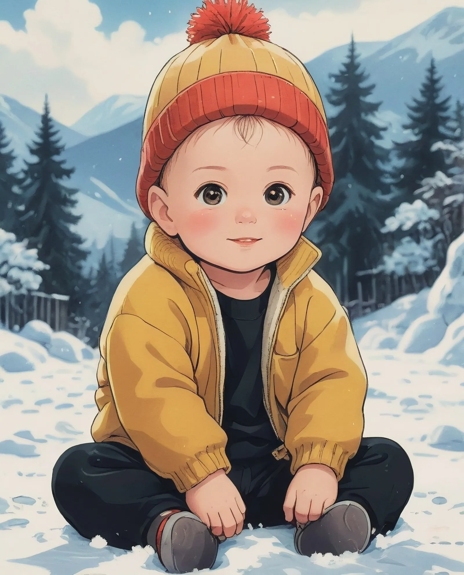 A cute beautiful 1 years old baby boy with glowing eyes, few hair (almost no hair), cute smile, red cheeks, wearing a yellow knitting and wool hat, black pants, sitting on the snow, aesthetic, 