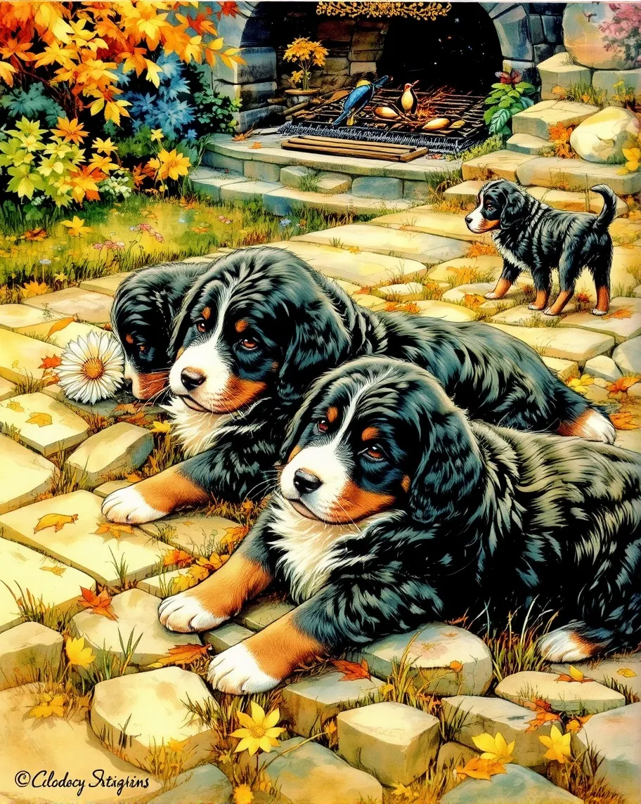 A litter of Bernese Mountain dog puppies. 