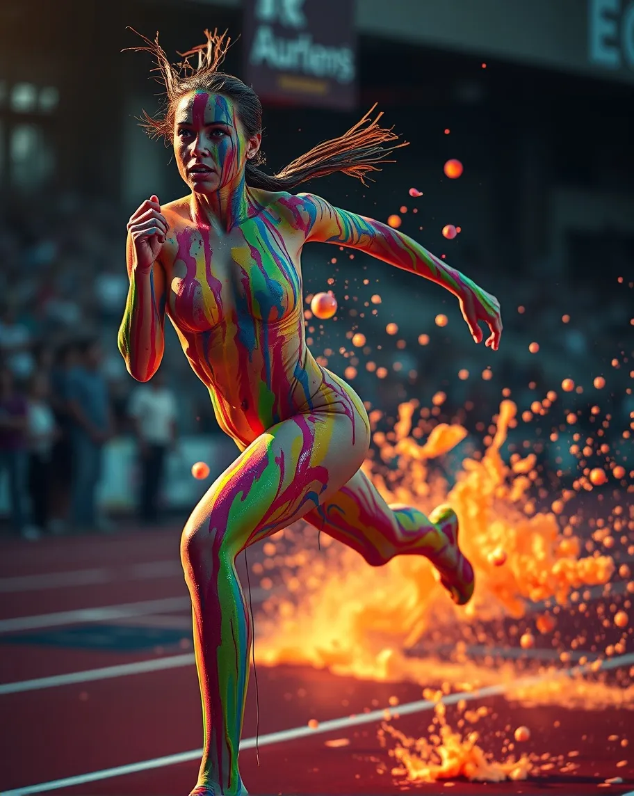 a gorgeous woman (made of paint) is sprinting the 100 meter dash. She is (covered in dripping paint) that is dripping down and splashing all over her. In the style of the 100 meter dash. In the style of Baz Luhrmann. Stunning colors, hyper detailed, masterpiece, high quality, professional photography, artistic photography, perfect composition, intricate detailed, photorealistic concept art, intense glowing colors, iridescent colors, intricate, detailed fantasy, epic colors, light and shadows, starry brilliance, digital art, good lighting.